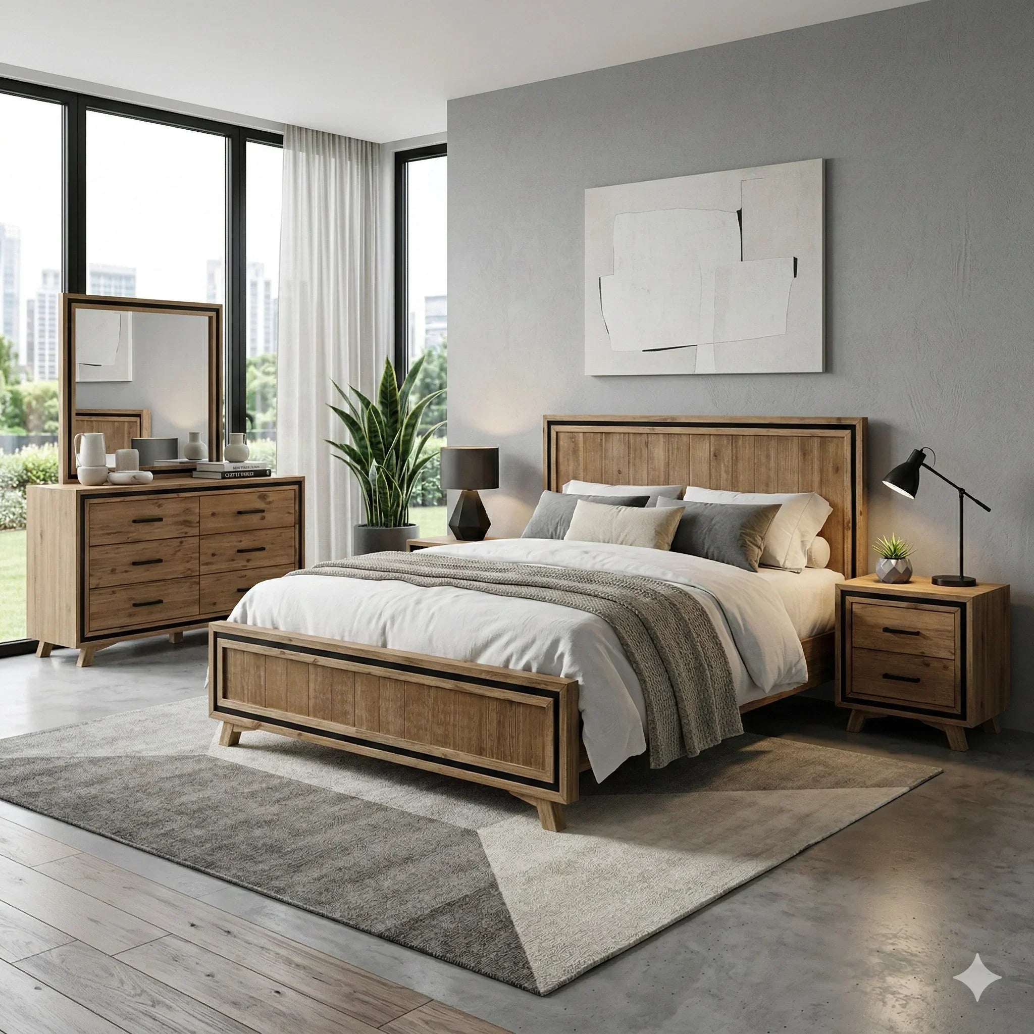 Modern bedroom with wooden furniture, bed, and decor in a well-lit room.