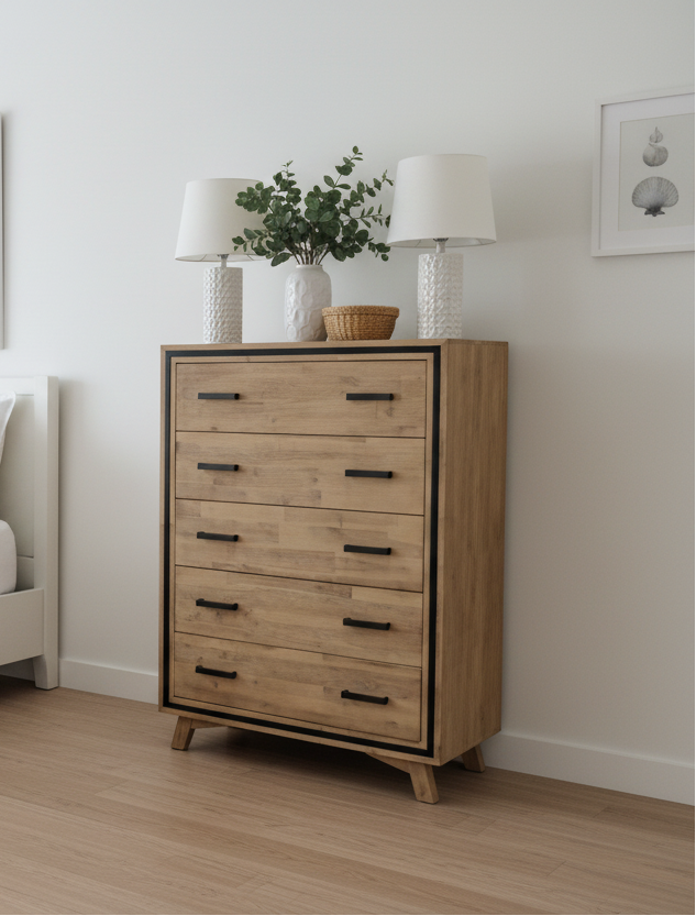 Modern bedroom with a bed, nightstands, and decor