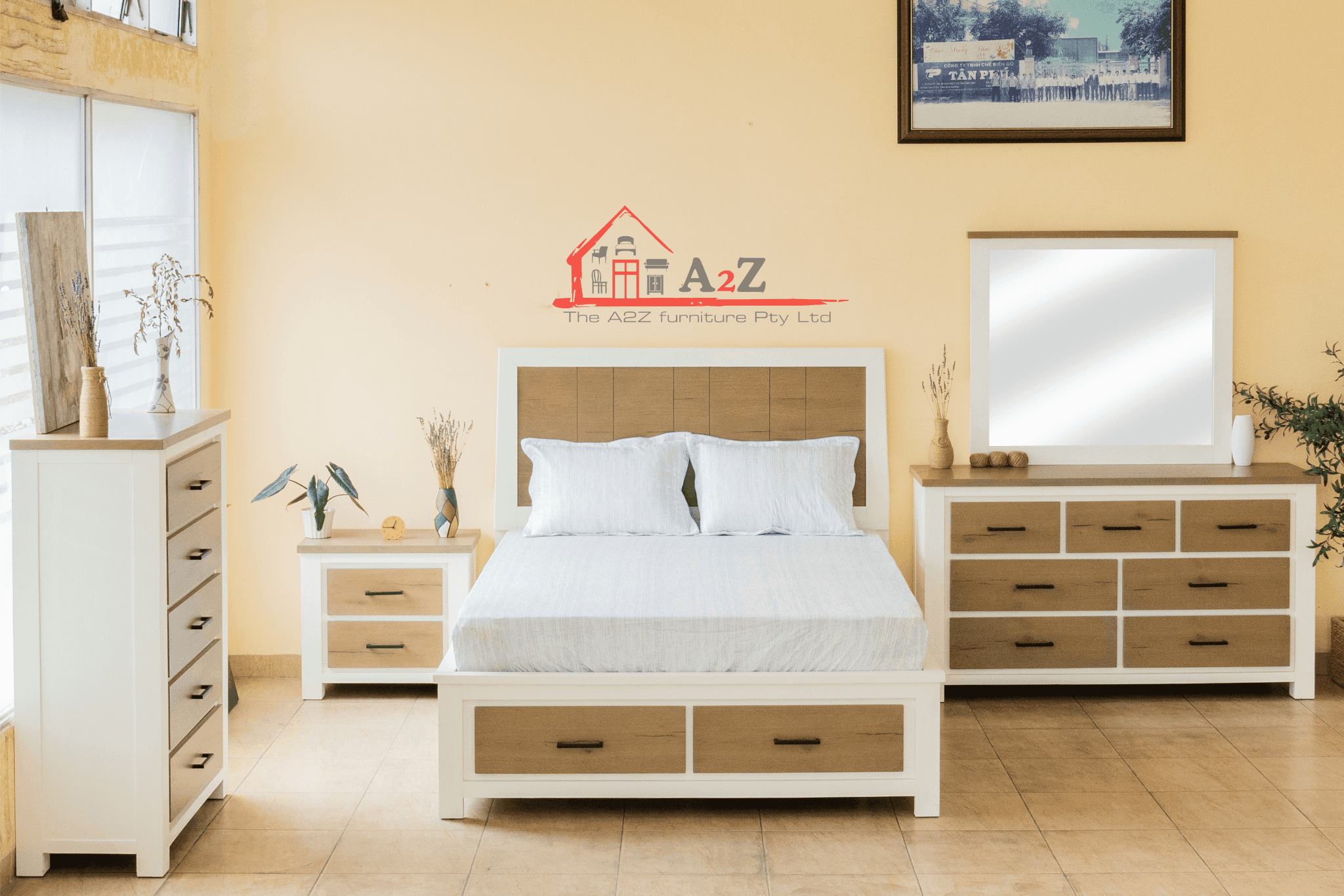 Image of Jade Bed - a solid acacia wooden bed frame with dual-tone off-white and brown colour and two storage drawers in the front - The A2Z Furniture