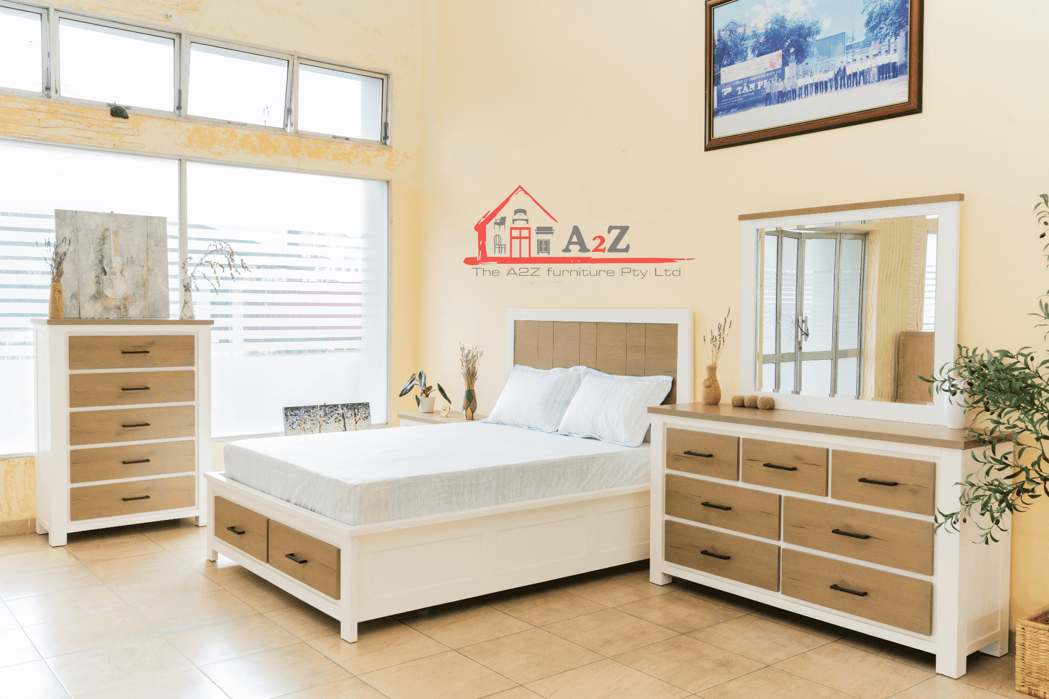 Image of Jade Bed - a solid acacia wooden bed frame with dual-tone off-white and brown colour and two storage drawers in the front - The A2Z Furniture