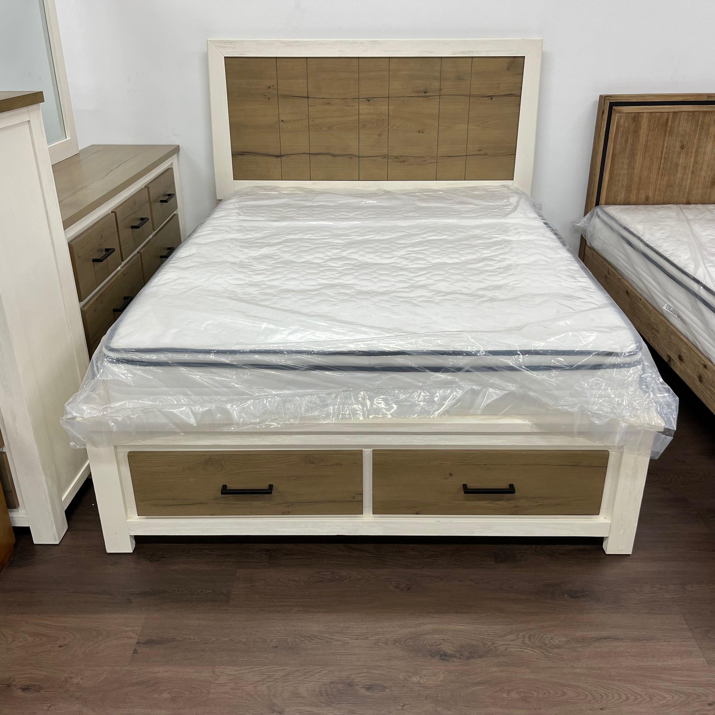 Image of Jade Bed - a solid acacia wooden bed frame with dual-tone off-white and brown colour and two storage drawers in the front - The A2Z Furniture
