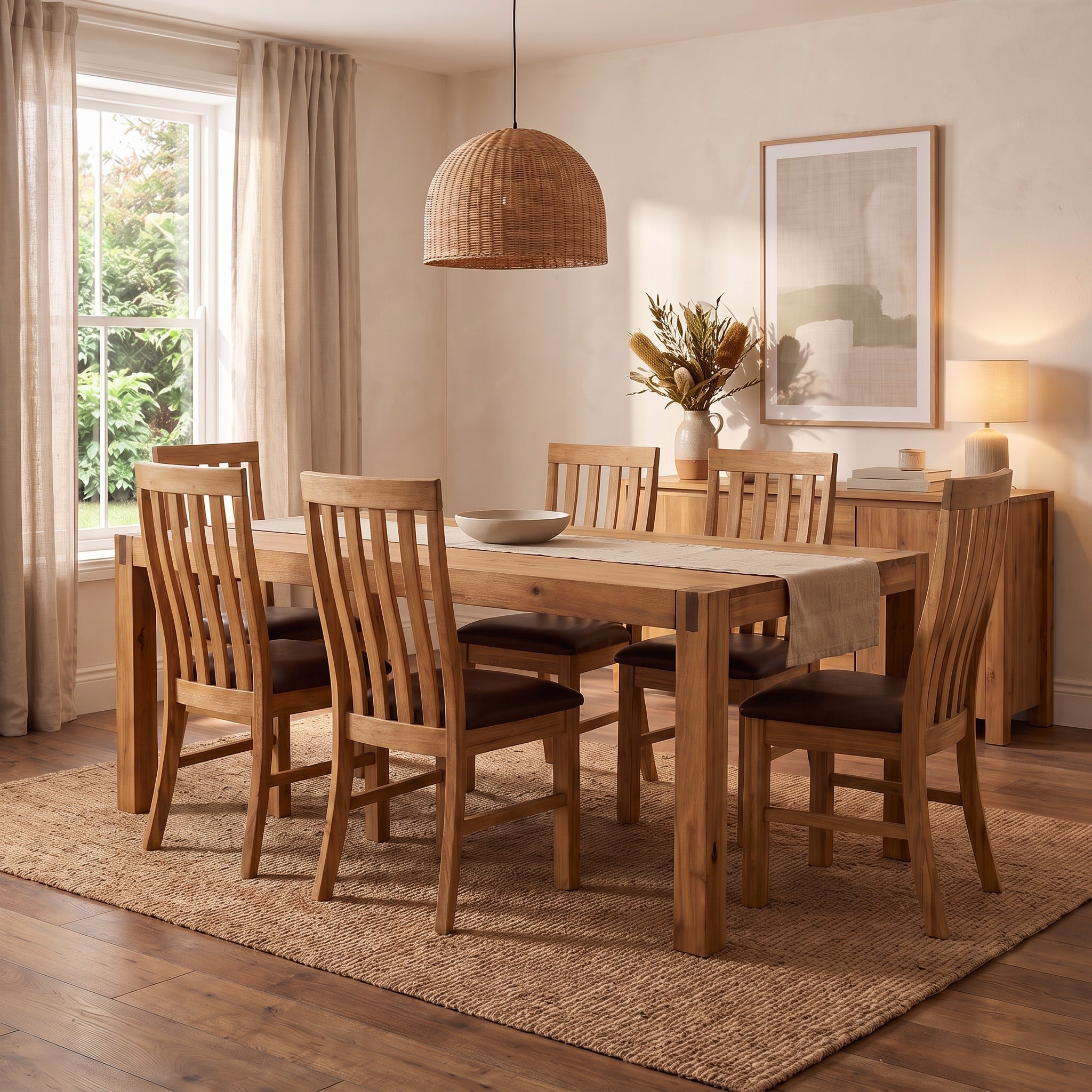 Jayden 7 Piece Dining Set with 1.8 m Table — long solid acacia dining table with six matching chairs in dark brown PU faux leather, styled in a warm dining room