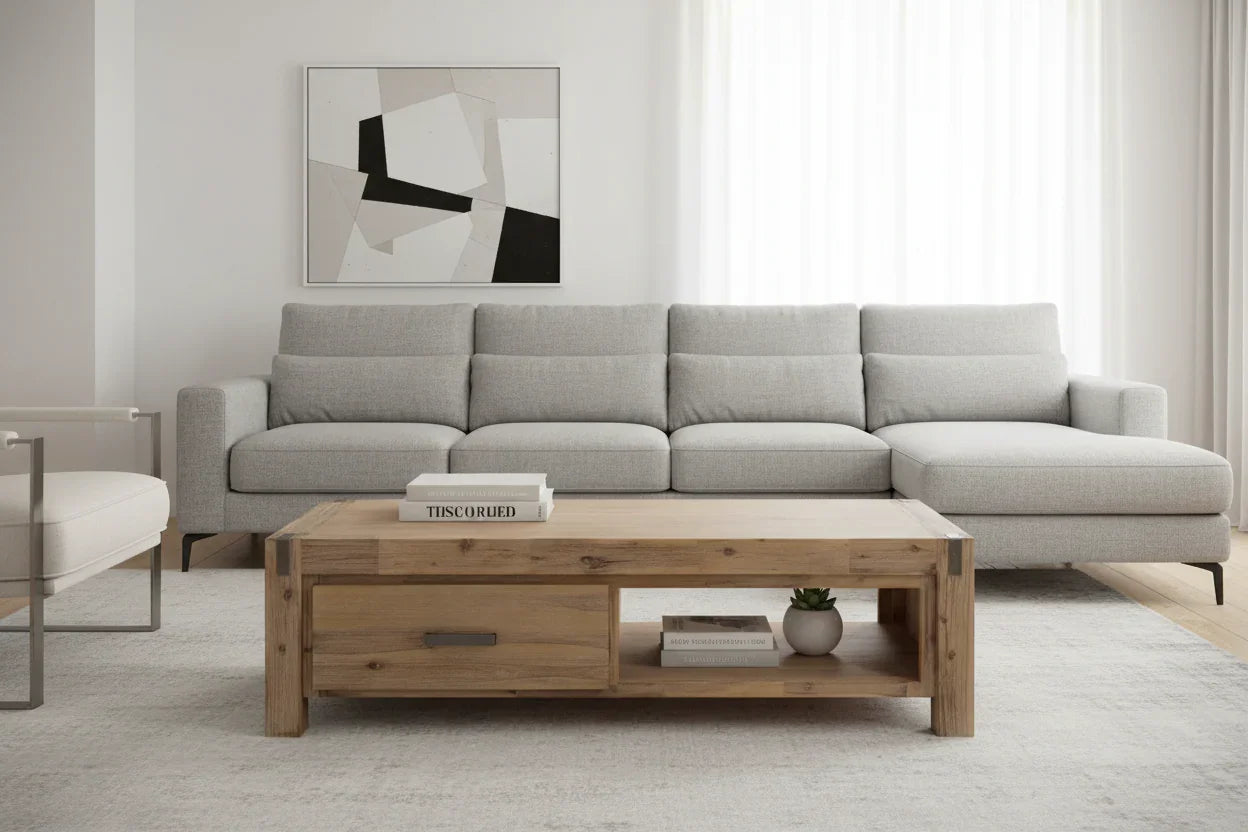 Gray sectional sofa in a living room with a wooden coffee table and abstract art on the wall.