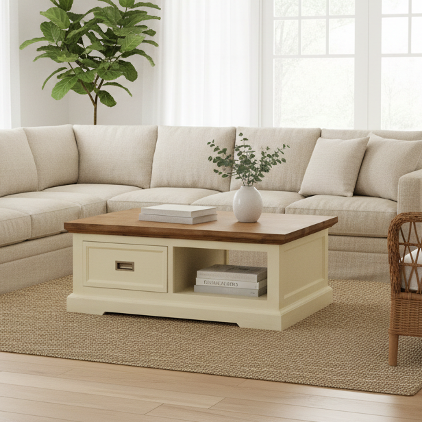 Living room with beige sectional sofa, wooden coffee table, and wicker chairs.