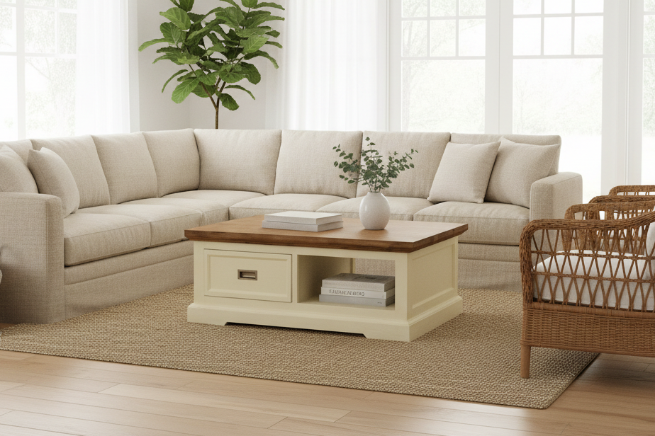 Living room with beige sectional sofa, wooden coffee table, and wicker chairs.