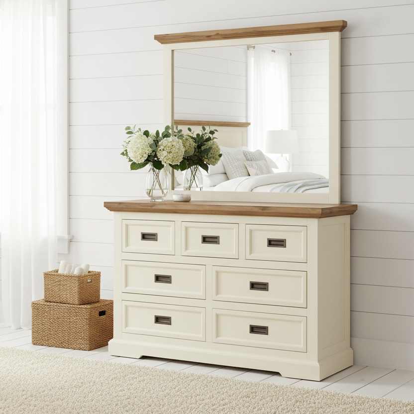 White dresser with wooden top in a bedroom setting