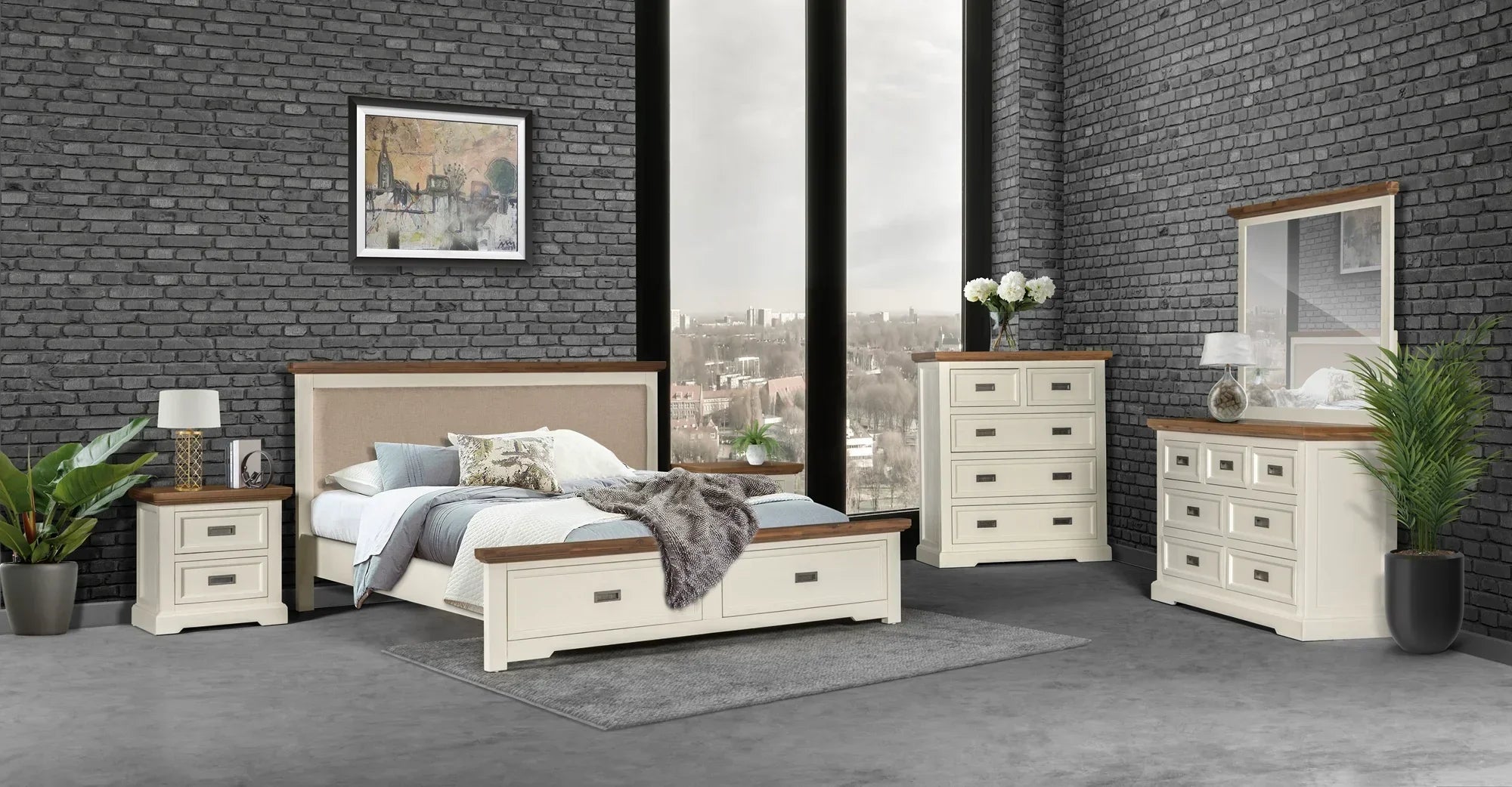 Bedroom furniture set with bed, nightstands, and dresser against a brick wall.