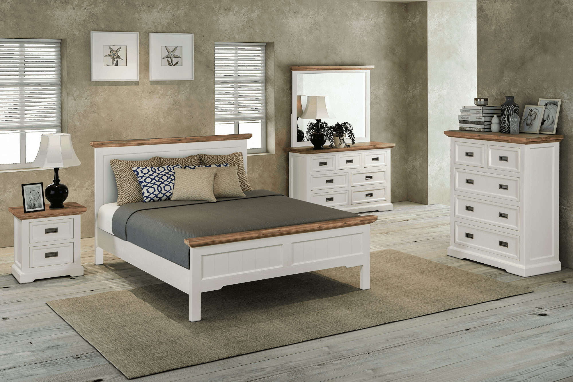 Hamptons style Jericho wooden bed made of solid Acacia wood with dual-tone finish, available in Queen and King sizes from The A2Z Furniture