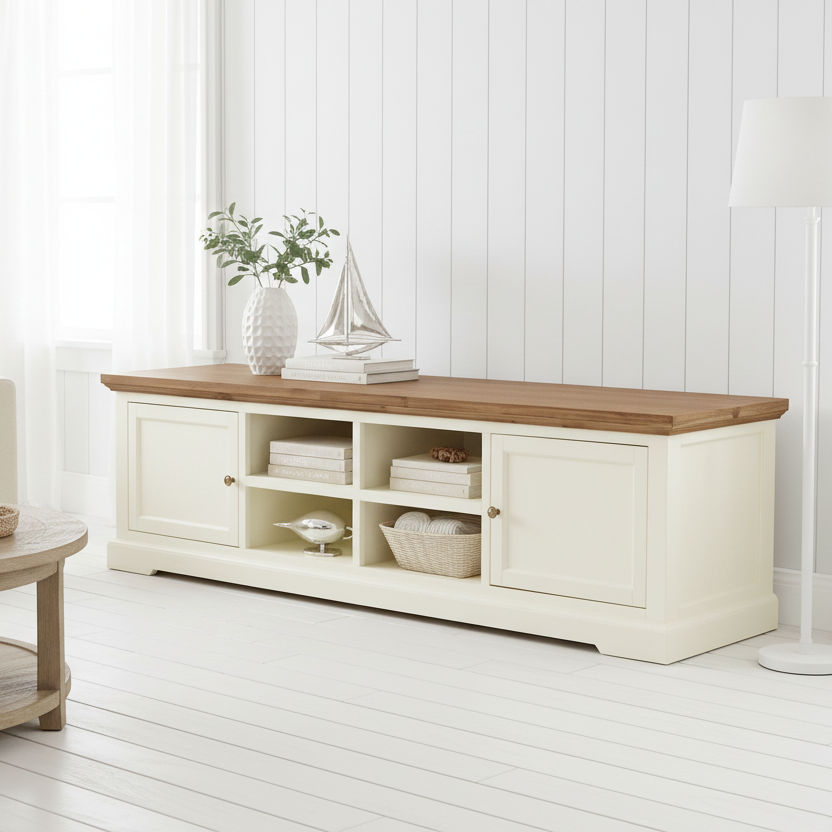 Living room with a white sofa, wooden coffee table, and a large white entertainment console.