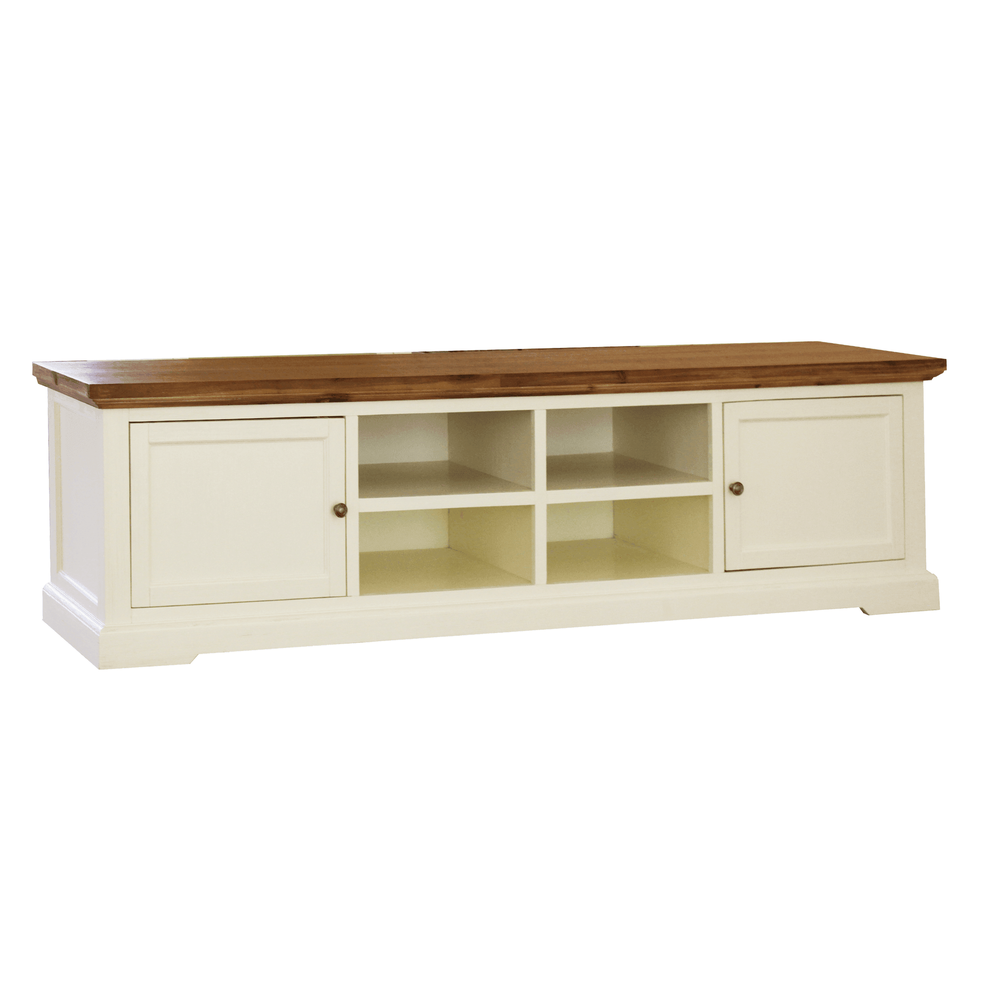 Jericho TV Unit - Coastal Hamptons Style Entertainment Console made of solid acacia wood with 2 cabinet style doors on the sides and 4 open shelves.