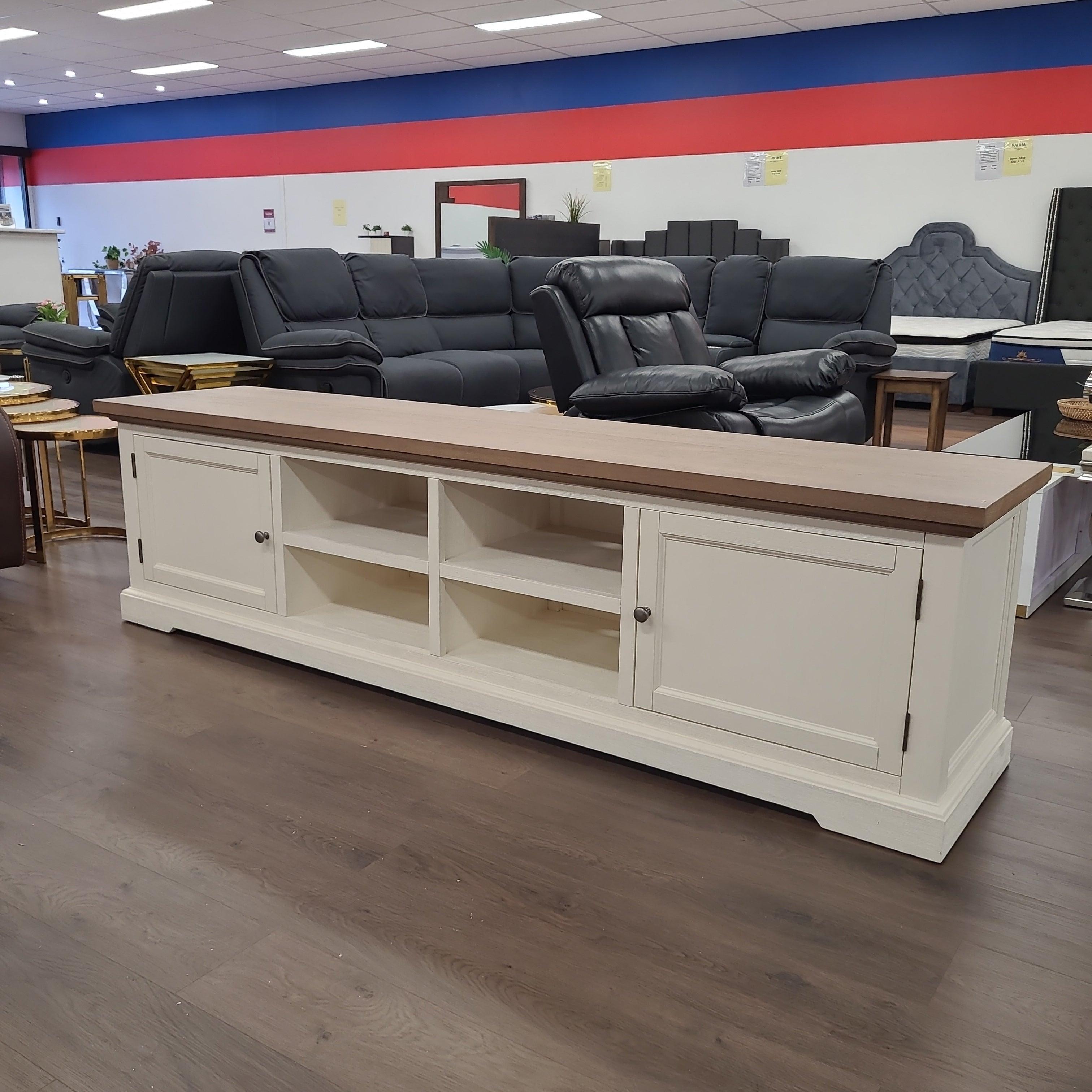 Jericho TV Unit - Coastal Hamptons Style Entertainment Console made of solid acacia wood with 2 cabinet style doors on the sides and 4 open shelves.