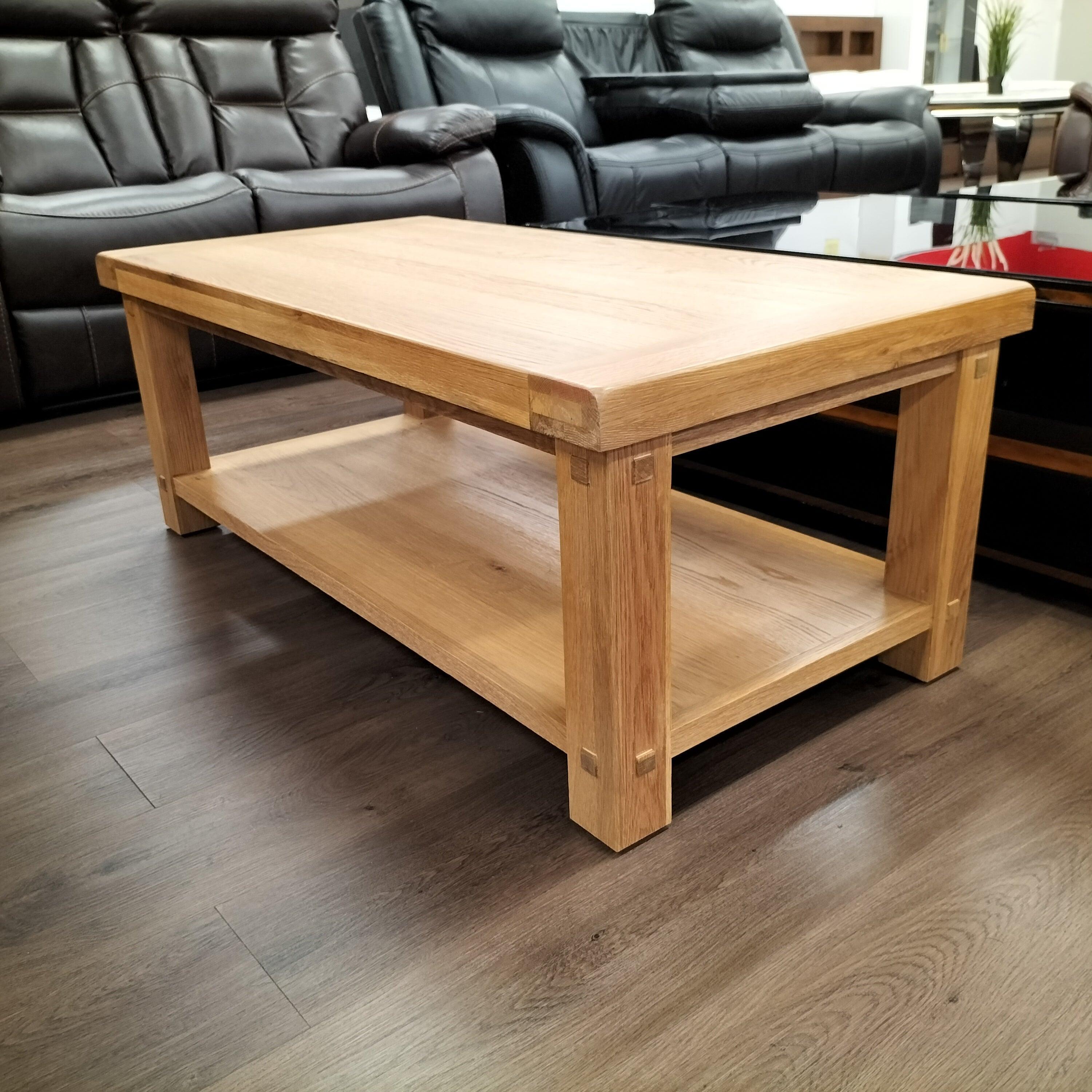Rustic Jimmy Coffee Table made from solid oak wood with an open bottom shelf - perfect for farmhouse-inspired home decor - from The A2Z Furniture