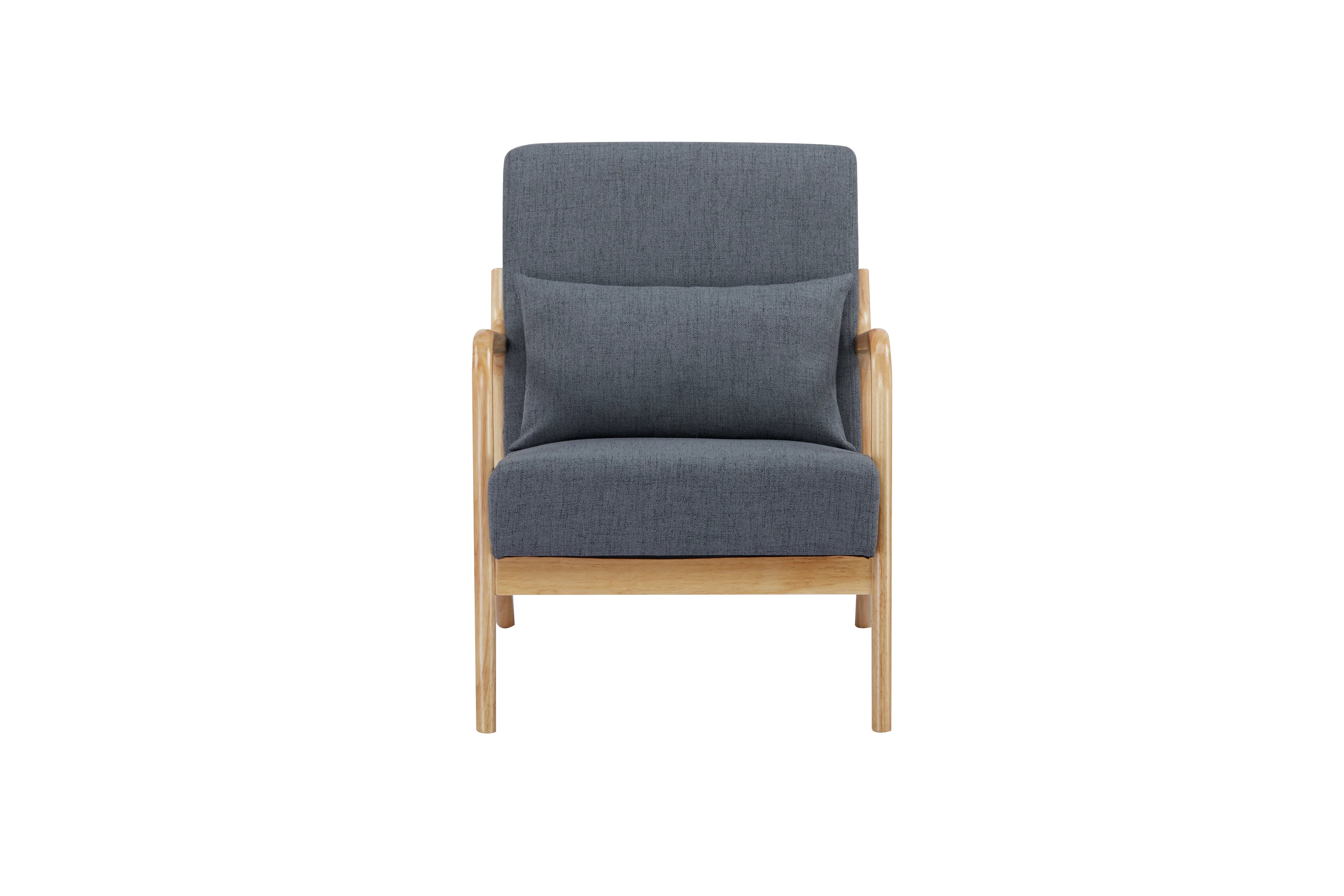 Modern armchair with grey upholstery and light wood frame, front view, accent chair