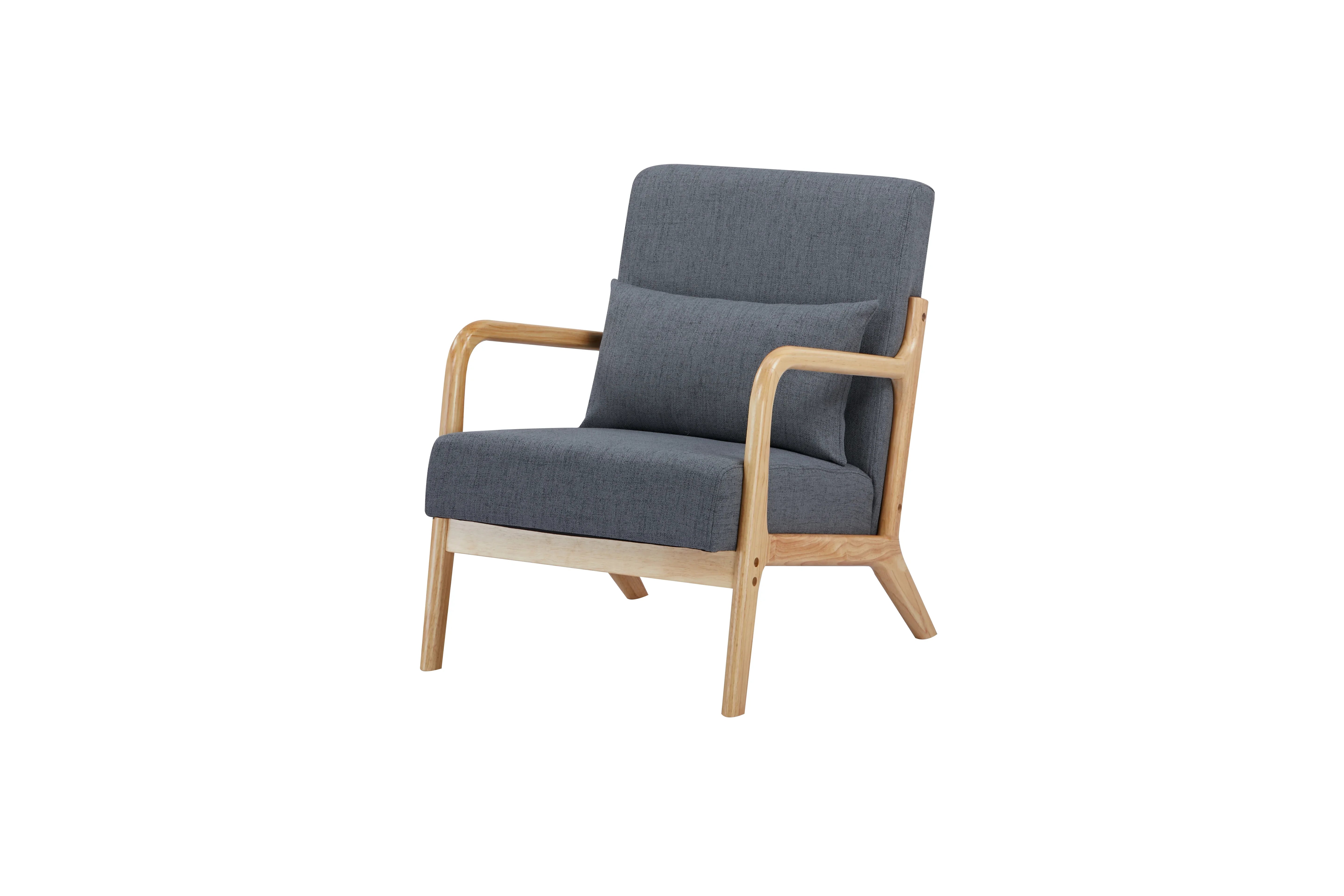 Modern armchair with light wood frame and grey fabric upholstery, accent cushion included