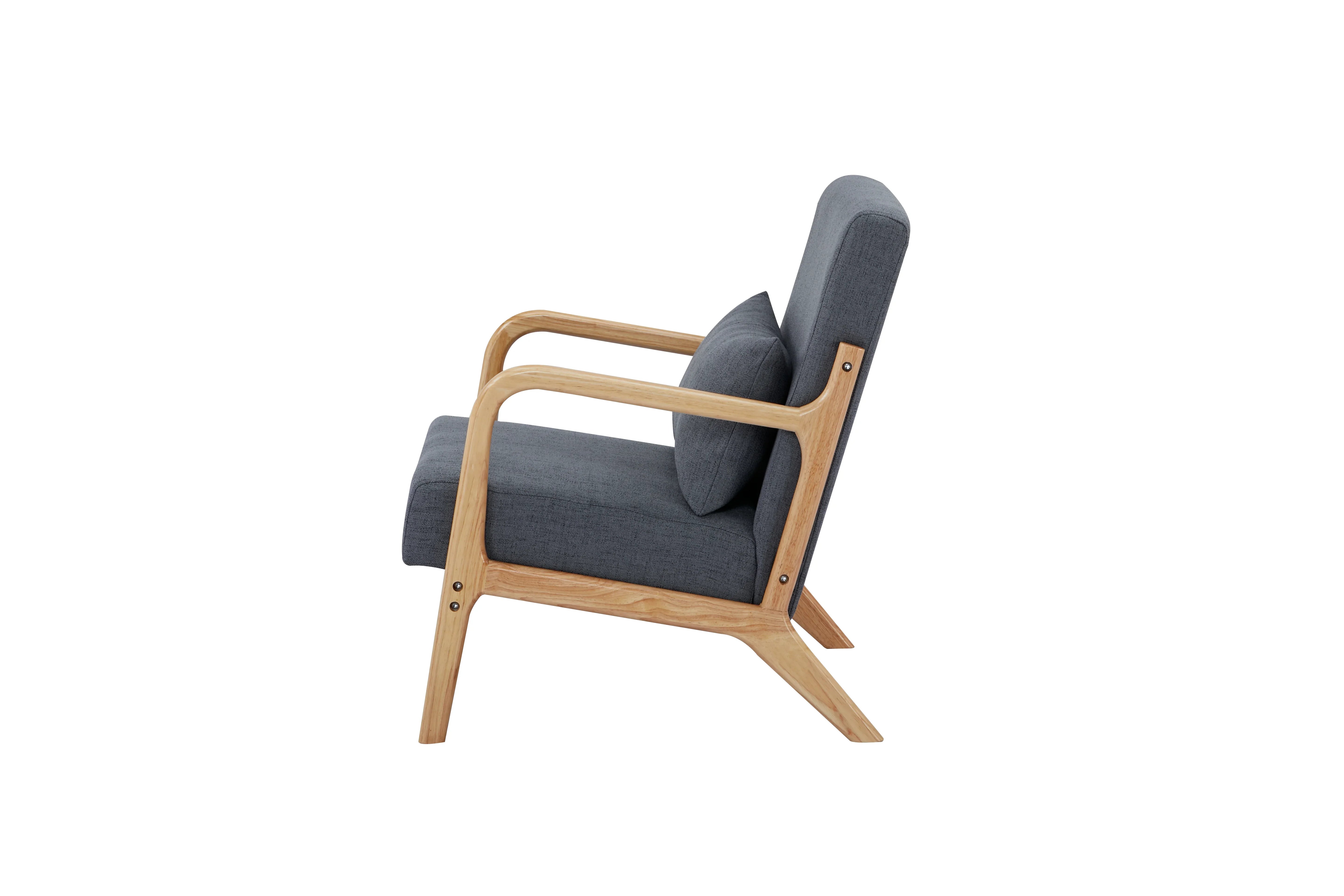 Modern grey armchair with wooden frame and cushion, side profile, isolated on white