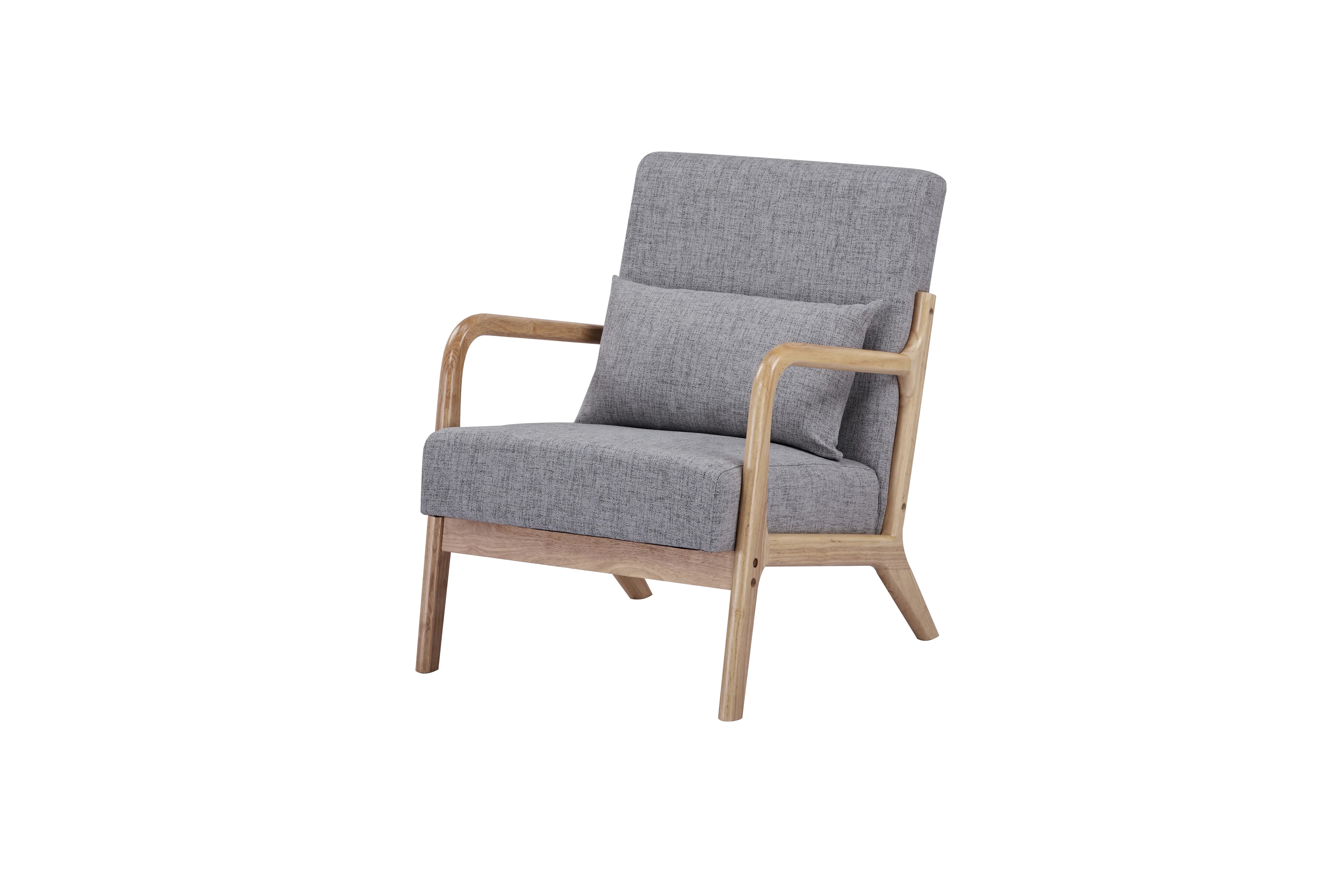 Modern accent armchair with light wood frame and grey fabric upholstery, isolated on white.
