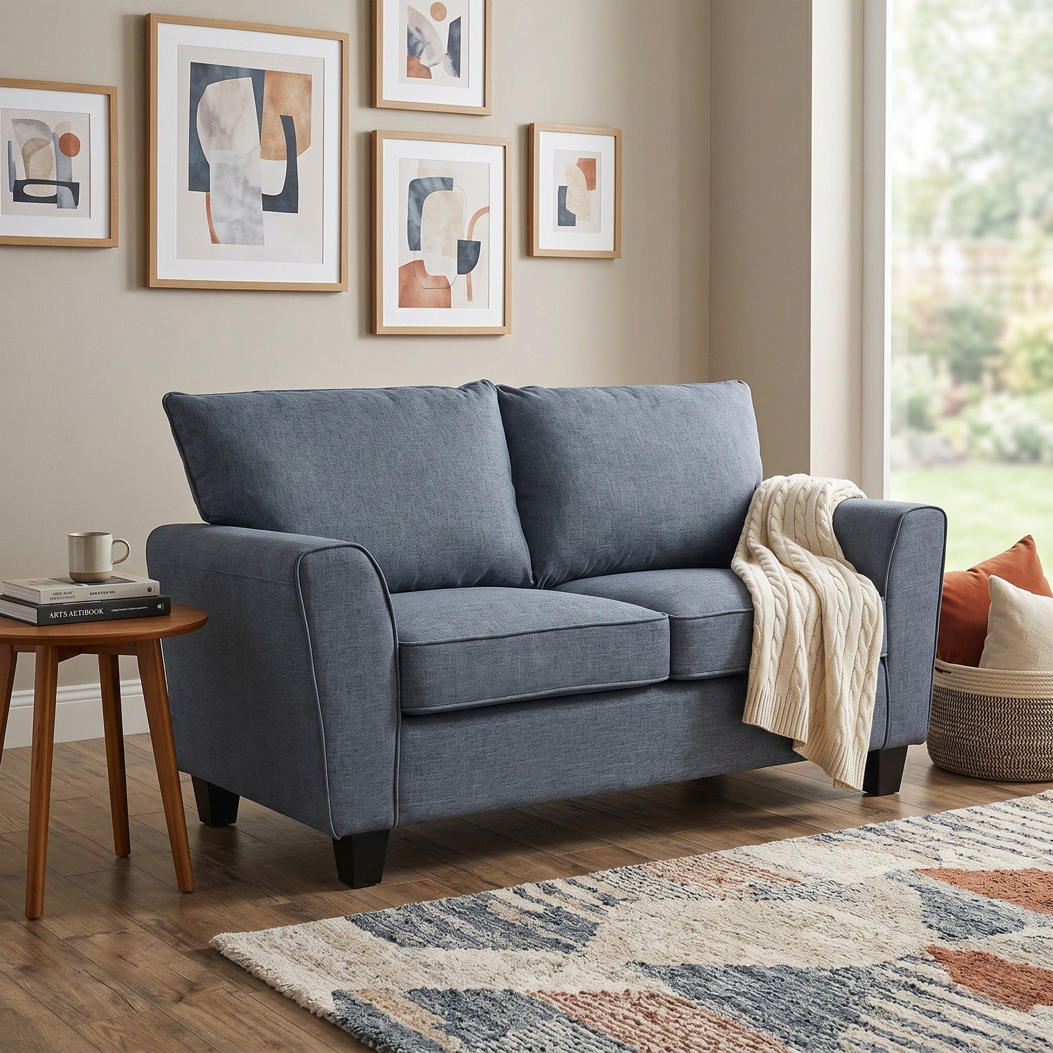 Kensington 2 Seater Fabric Sofa in a cozy living room setting with modern abstract wall art, a side table with books and a mug, a knitted throw draped over the arm, and a colorful area rug.