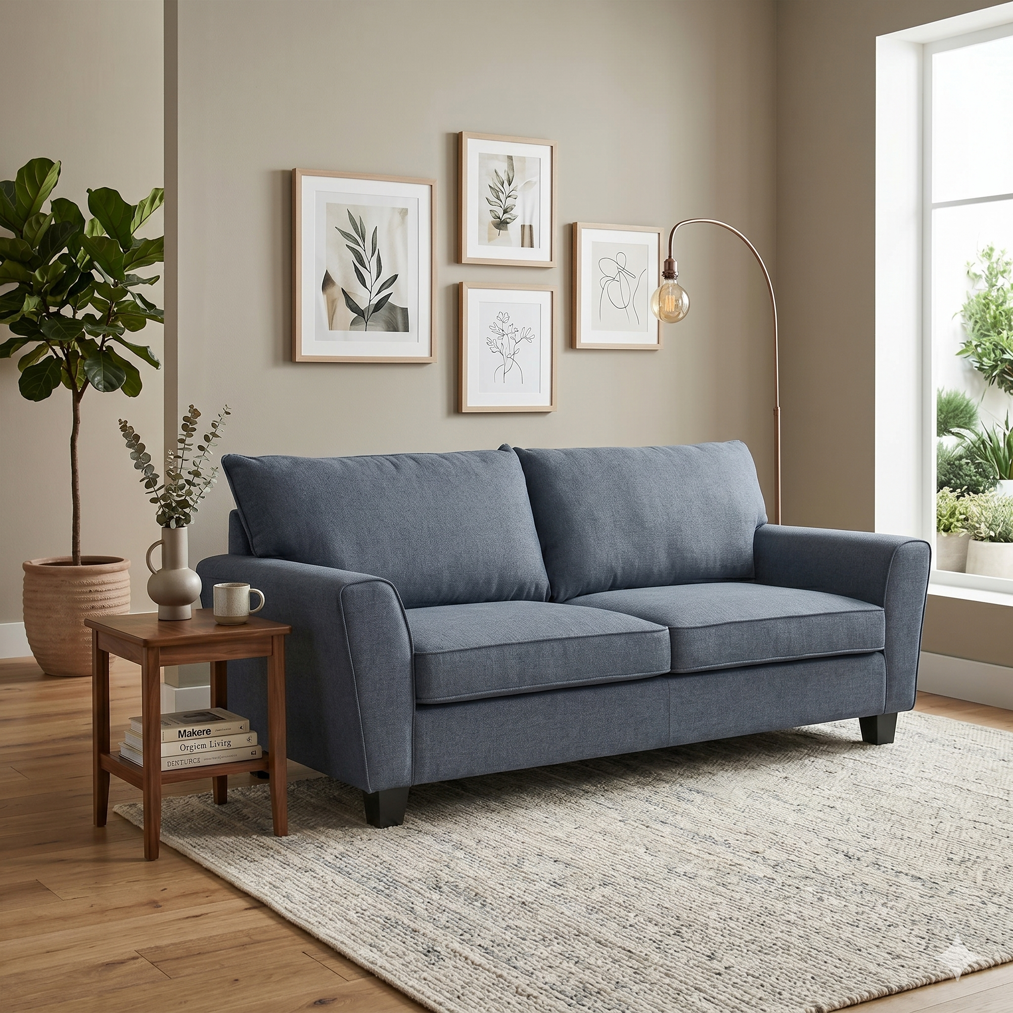 Blue Grey sofa in a living room with framed artwork on the wall and a side table.