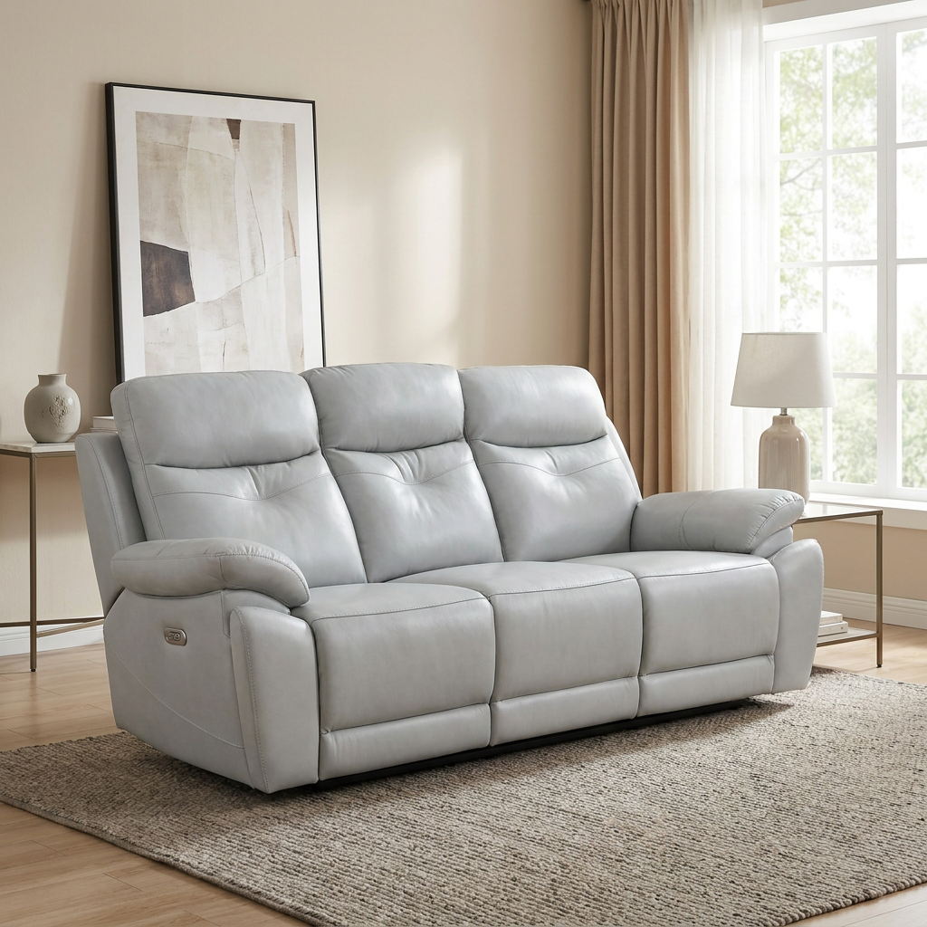 Lalor 3 seater electric leather recliner lounge in silver grey leather, three-seat configuration