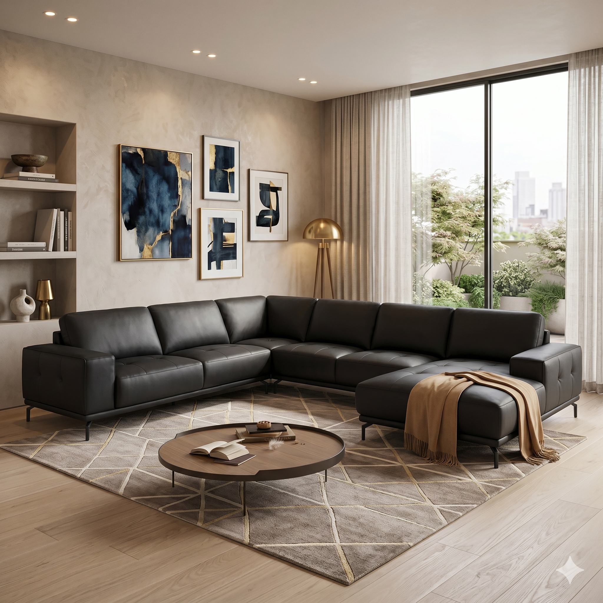 Modern living room with a black leather sectional sofa, round wooden coffee table, and abstract art on the wall.
