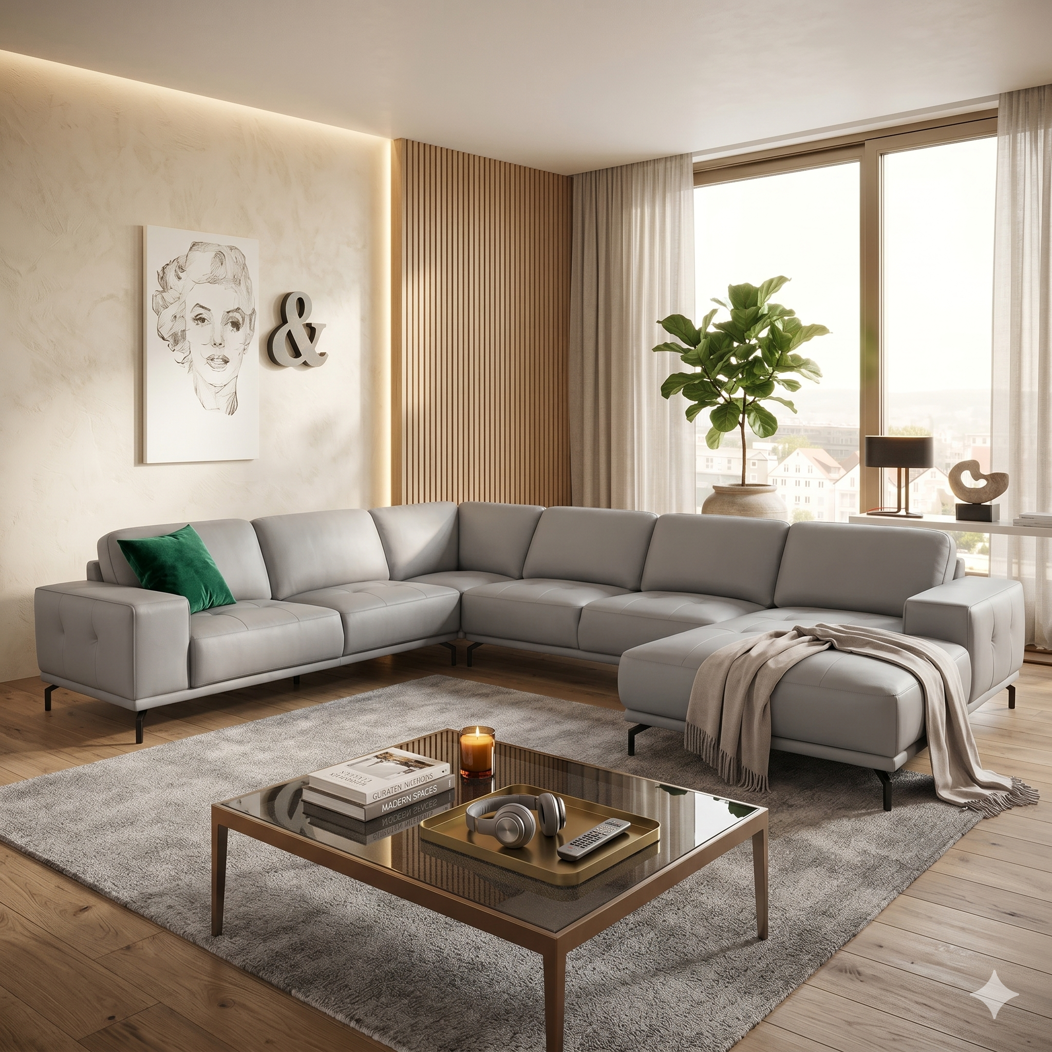 Modern living room with a gray sectional sofa, coffee table, and decorative elements.