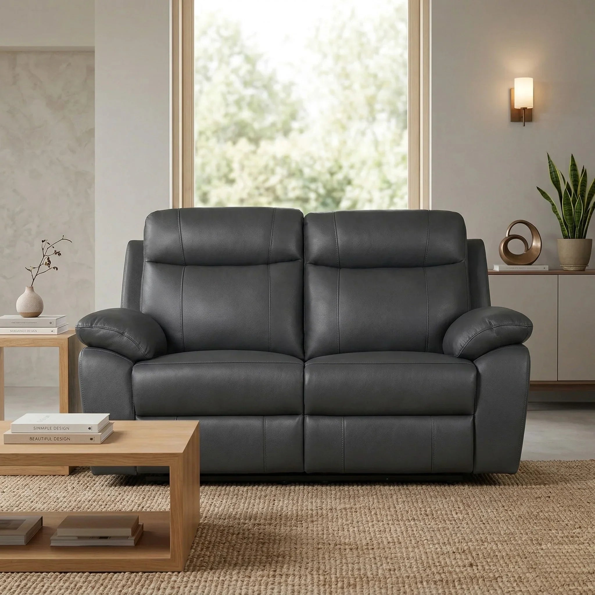 Latrobe 2 Seater Leather Recliner Lounge in dark leather positioned in a modern living room with neutral decor, featuring plush cushioning and padded armrests for comfort.
