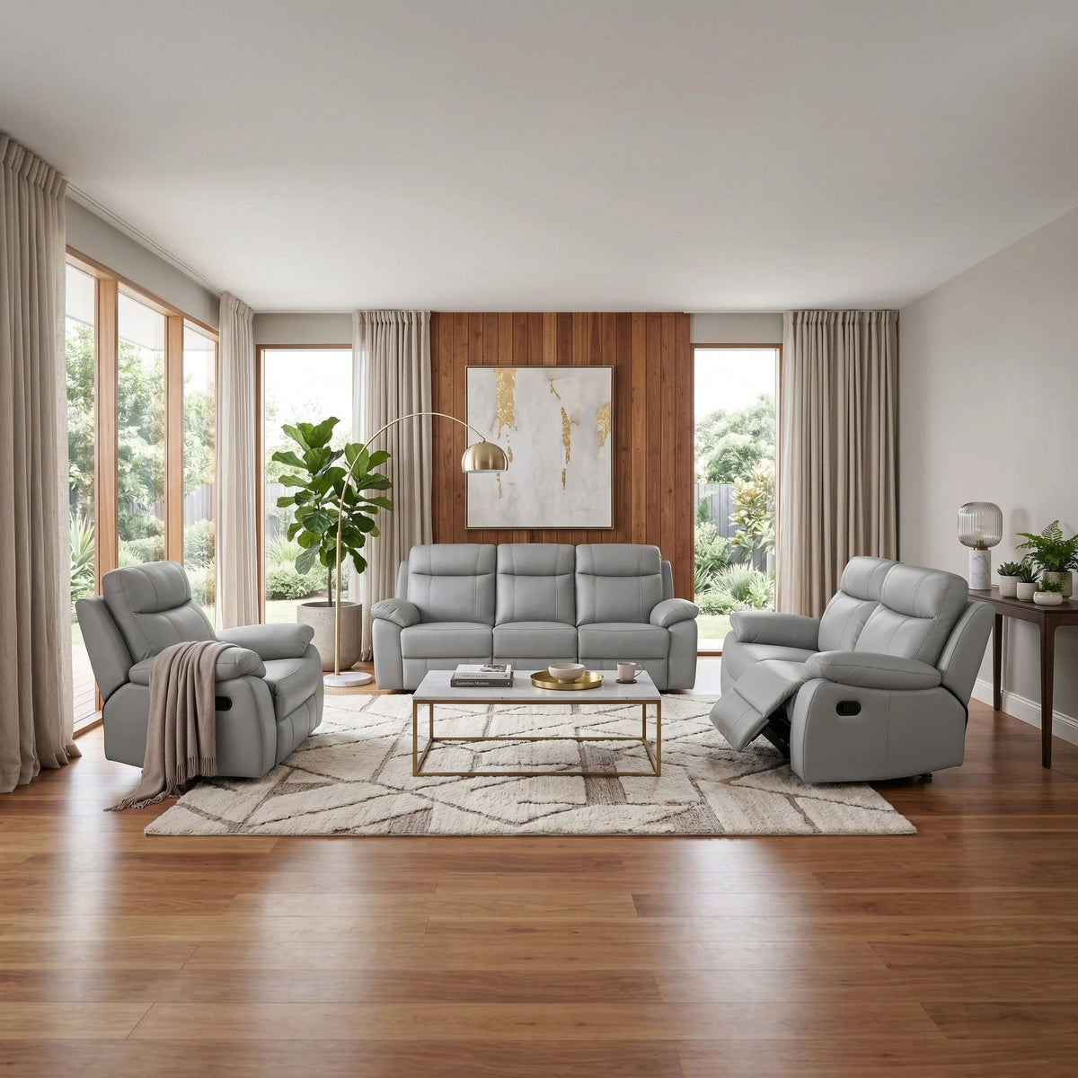 Latrobe 3+2+1 recliner package in light grey: 3 seater, 2 seater and recliner chair, styled in a living room - The A2Z Furniture