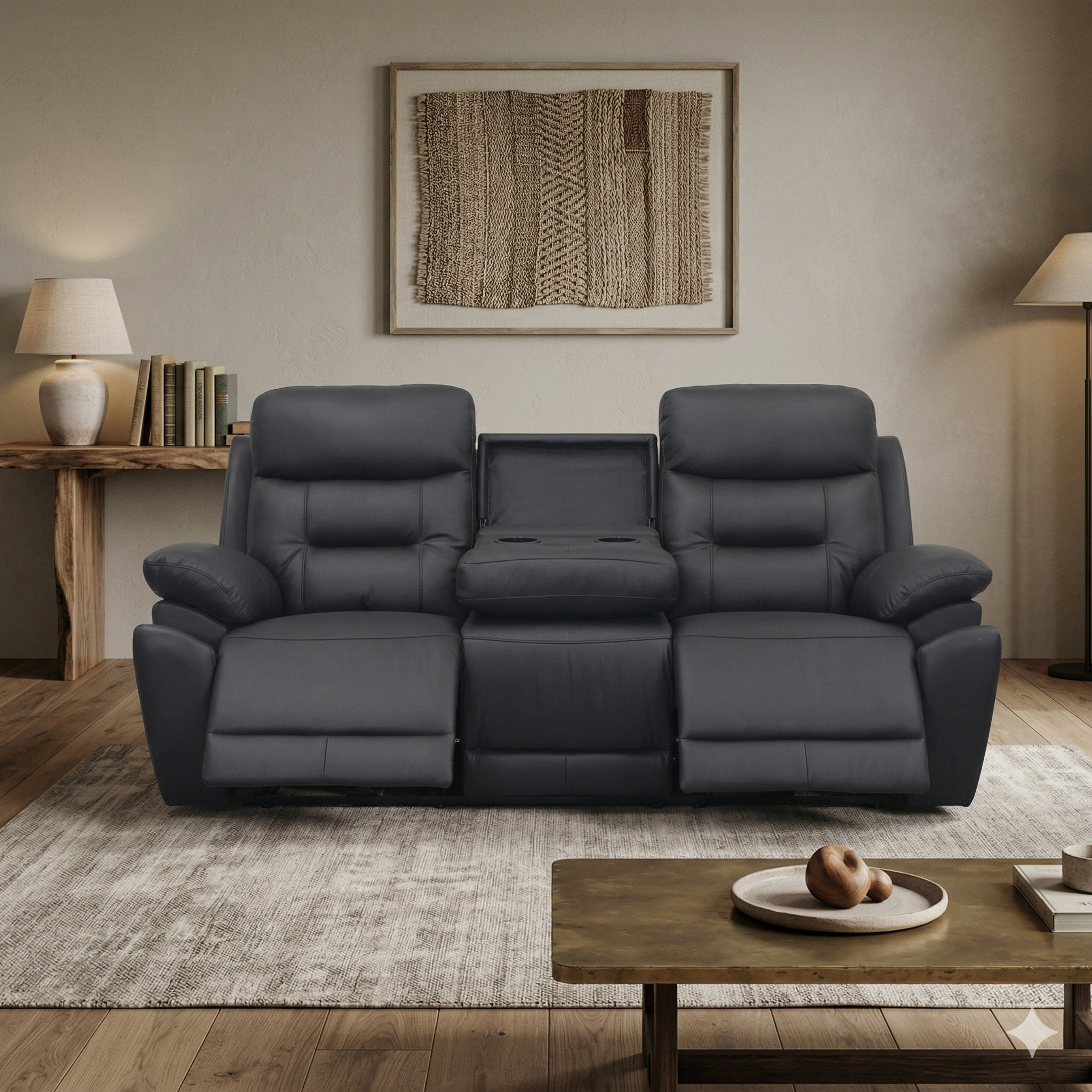 Black recliner sofa in a living room setting with a wooden coffee table and decor items.