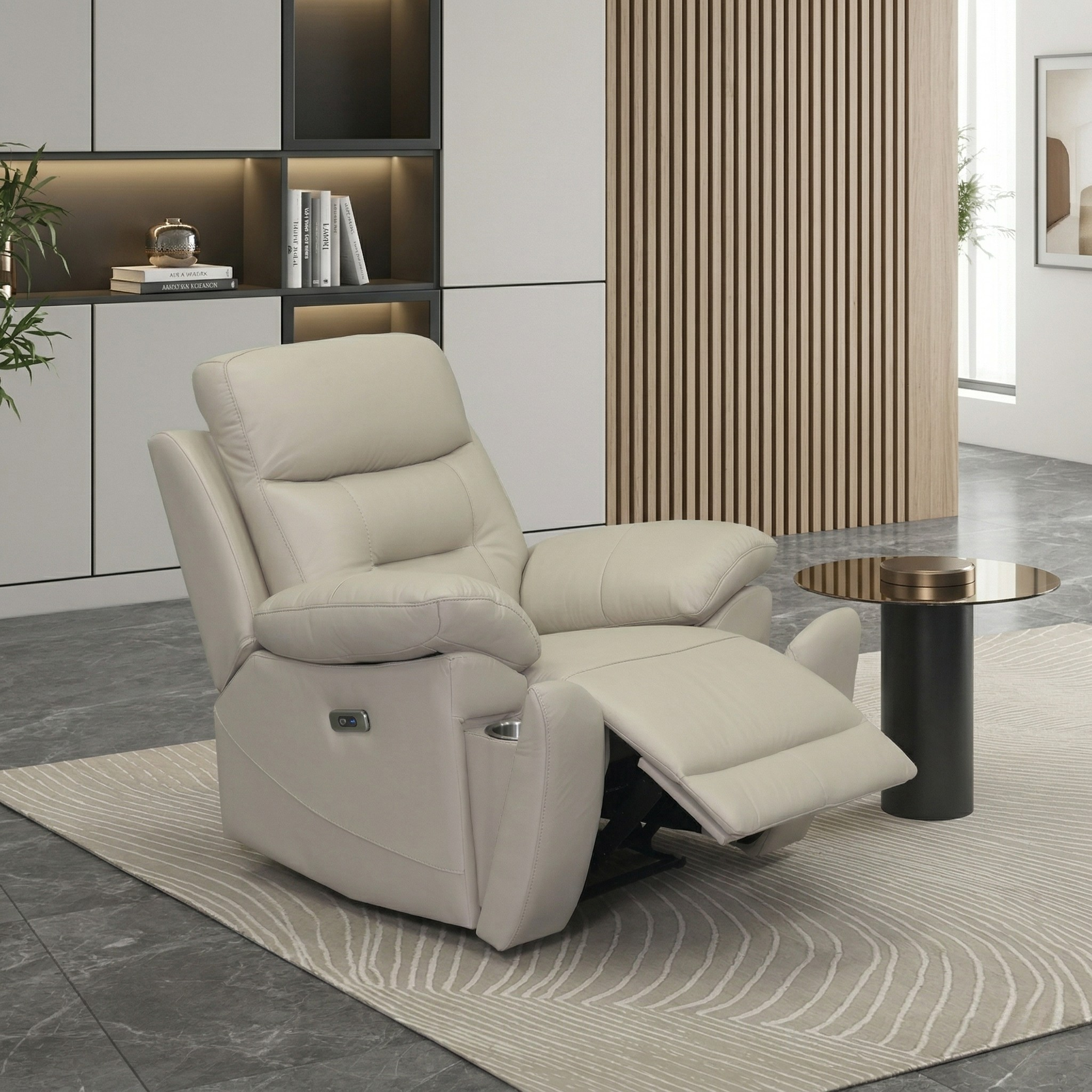 Legend Leather Recliner Chair in beige leather, featuring plush cushioning and an extended footrest, placed in a modern living room setting with minimalist decor.