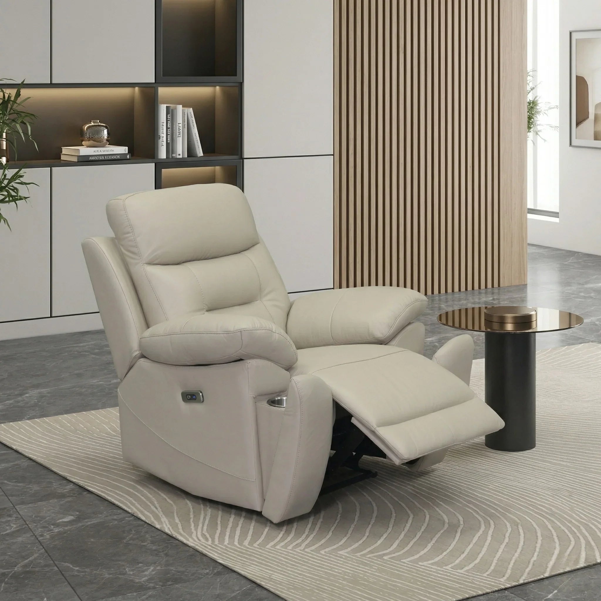 Legend Leather Recliner Chair in beige leather, featuring plush cushioning and an extended footrest, placed in a modern living room setting with minimalist decor.