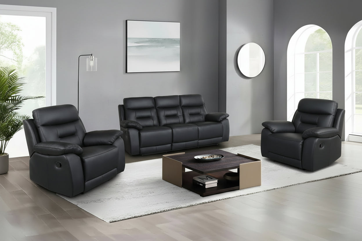 Black leather recliner sofa set in a modern living room with a coffee table.