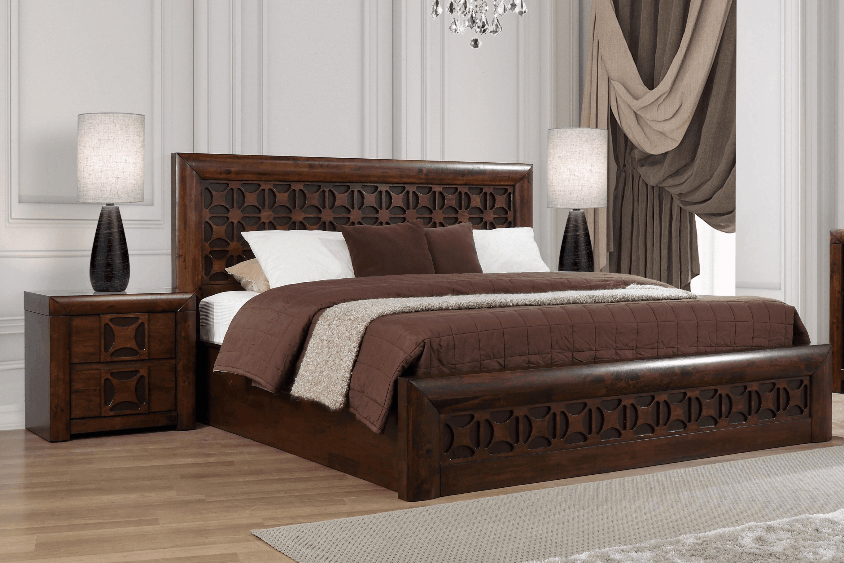 Modern bedroom with dark wood carved bed frame, matching nightstands, and brown bedding