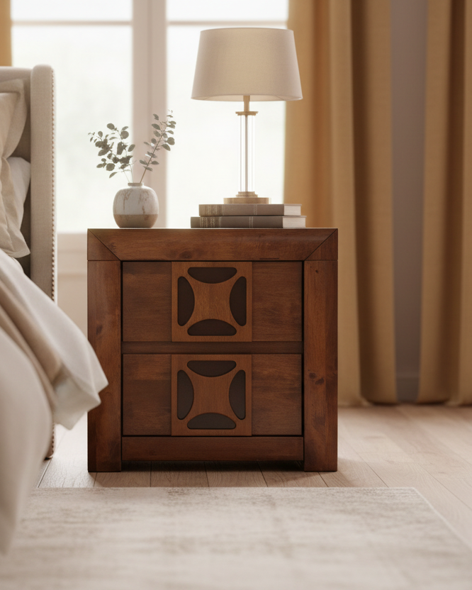 Wooden nightstand with decorative items in a bedroom setting