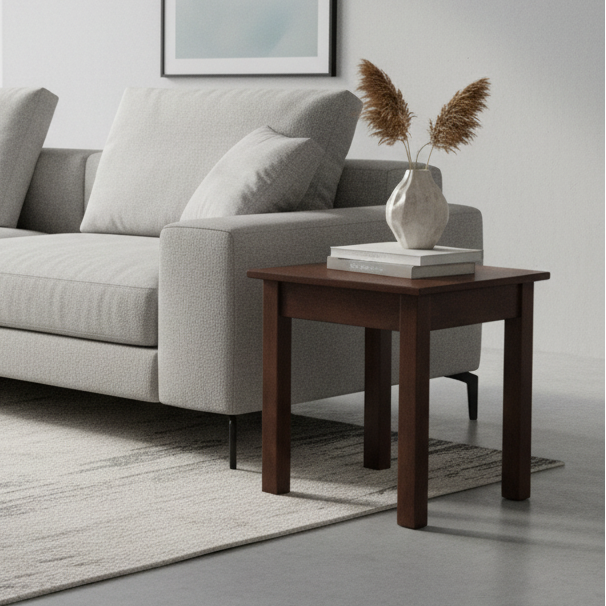 Gray sofa in a modern living room with a wooden side table and decorative items.