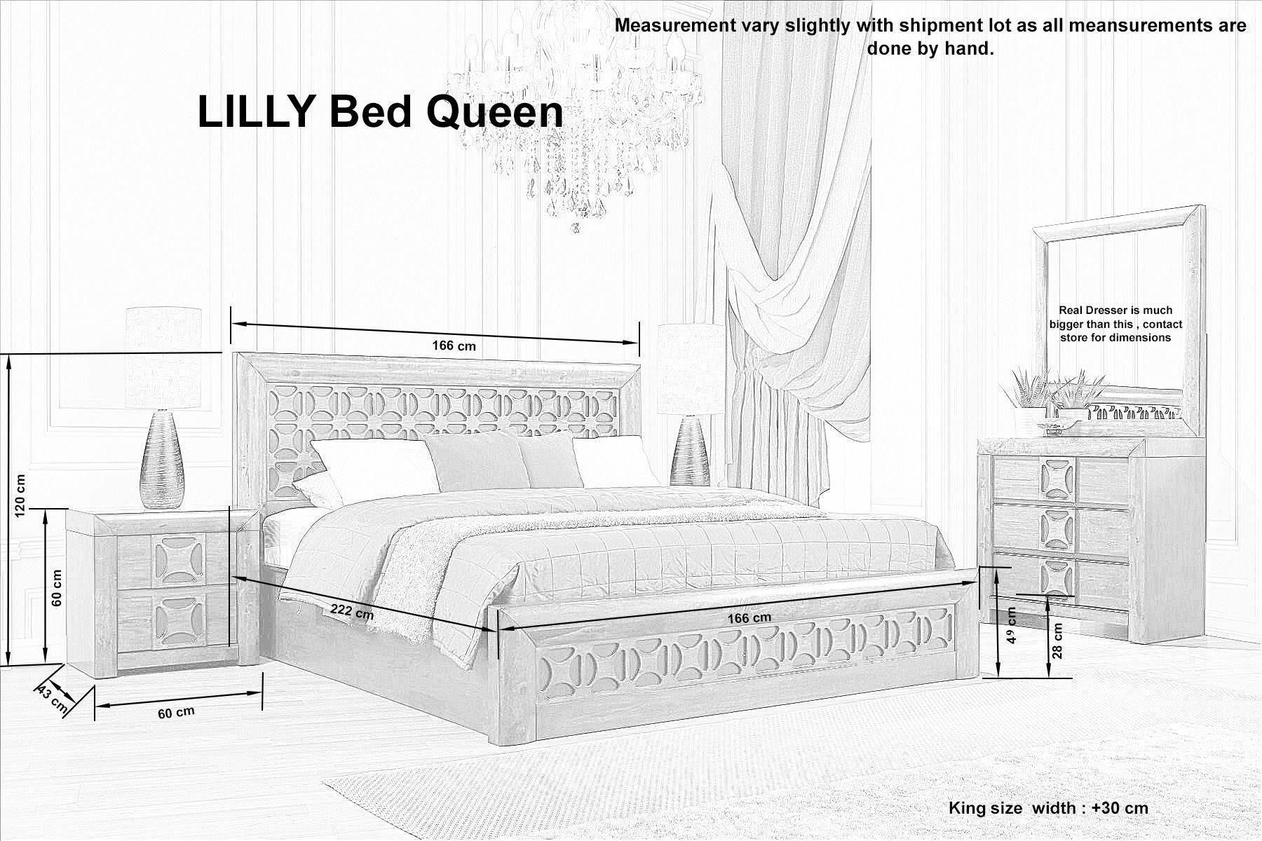 Image of The A2Z Furniture's Lilly bed - a wooden bed frame with gas lift storage drawer, available in queen and king sizes, with a traditional carved headboard design.