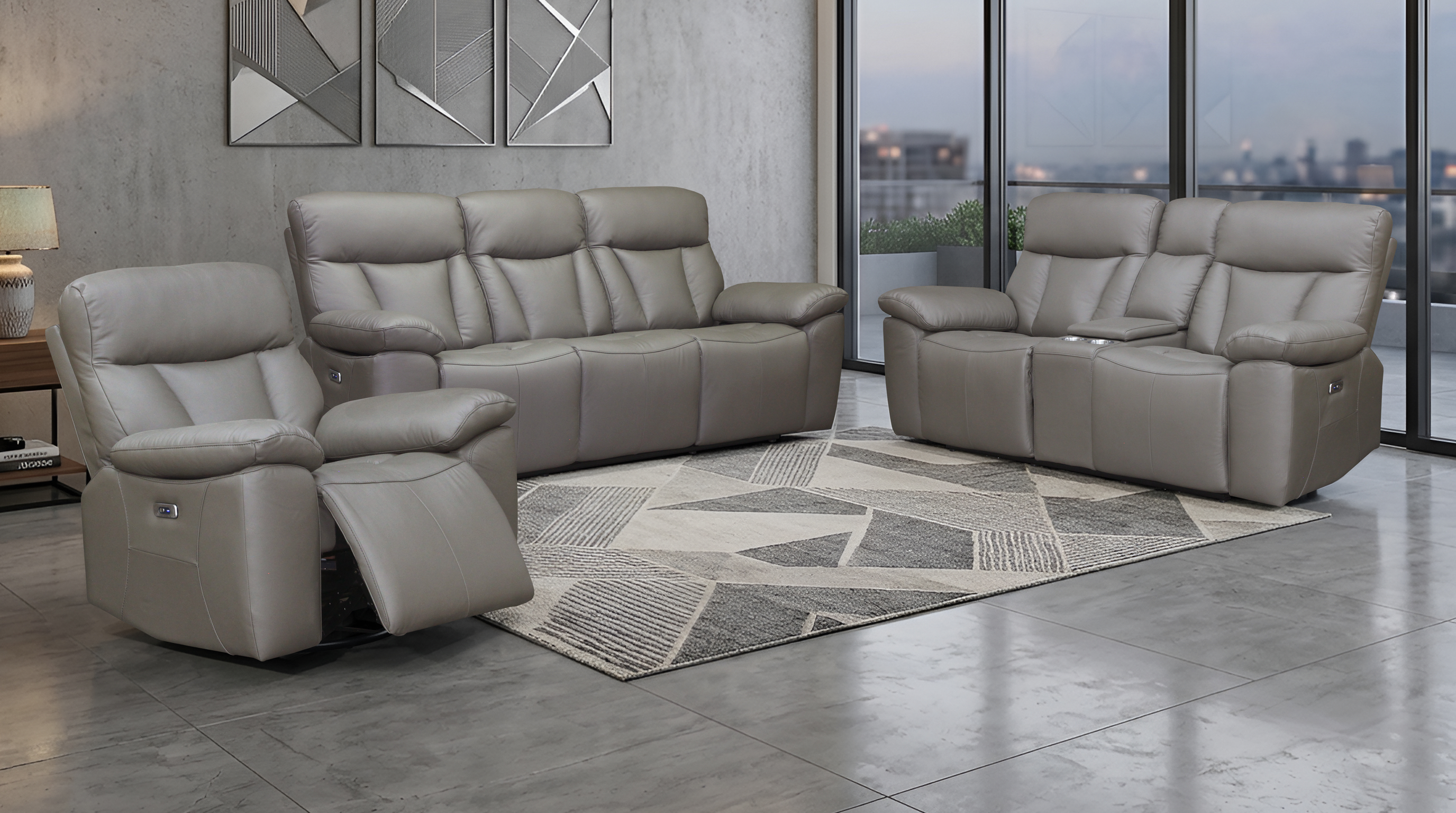 Limestone 3+2+1 Electric Recliner Package in Brown leather, matching 3 seater, 2 seater and single recliner chair styled in a modern living room