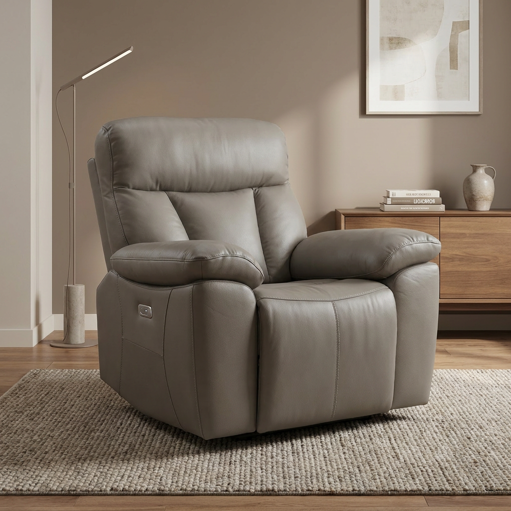 Limestone Swivel Electric Leather Recliner Chair in Brown leather on a 360-degree swivel base, styled in a modern living room