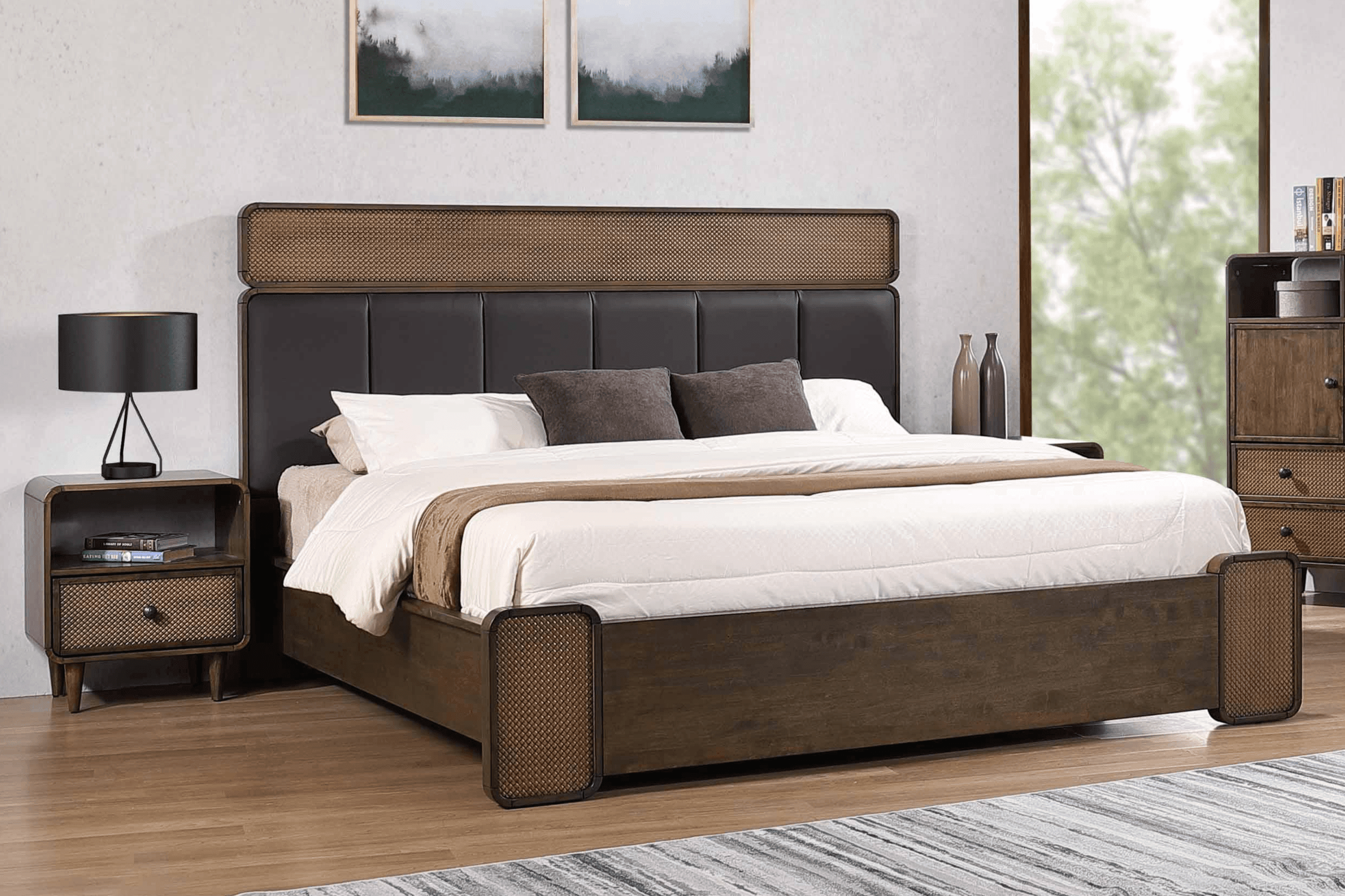 Modern wooden bedroom furniture set with bed, nightstand, dresser and decor in bright room