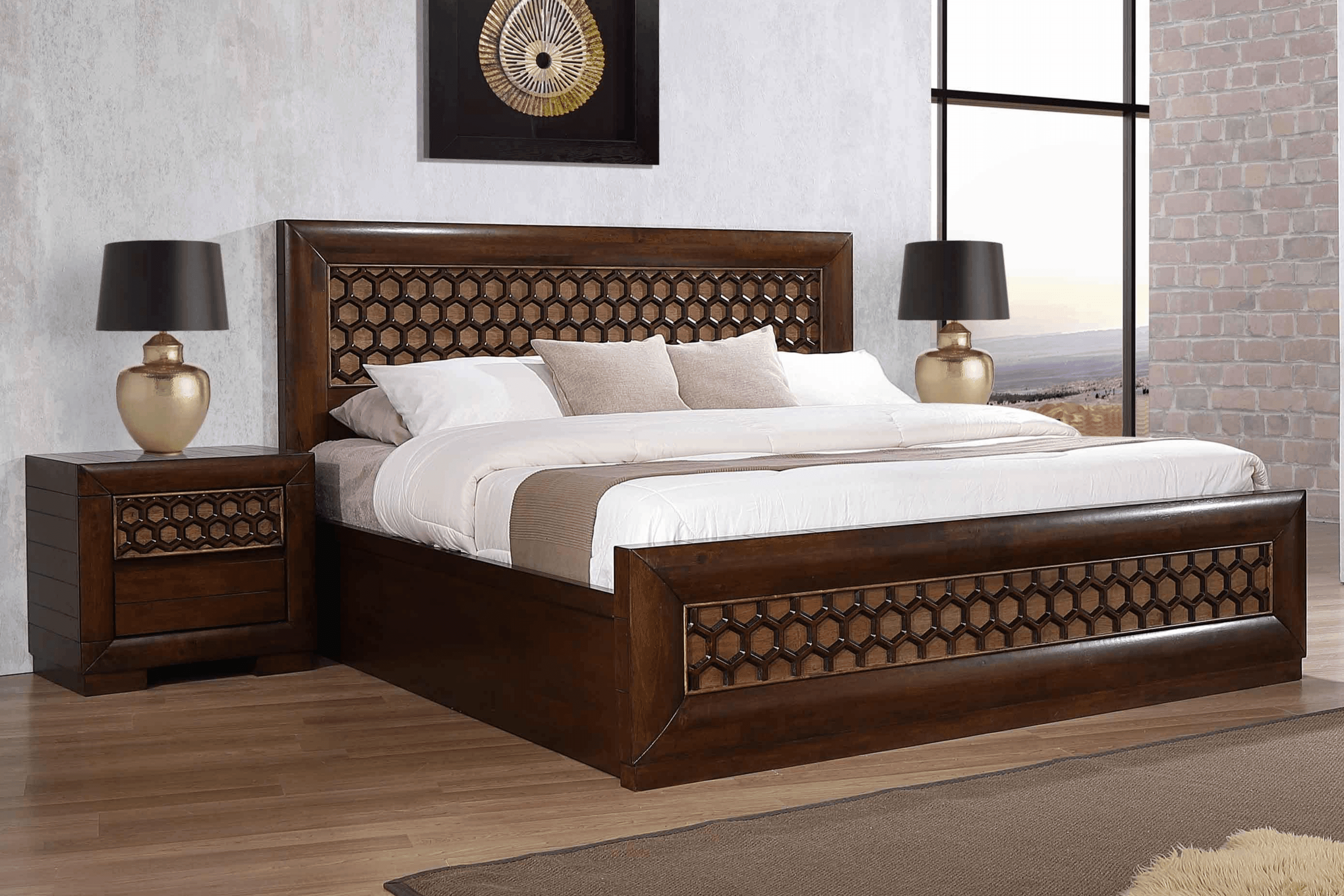 Luxury wooden bed with honeycomb headboard, bedside table, and modern décor in a stylish bedroom