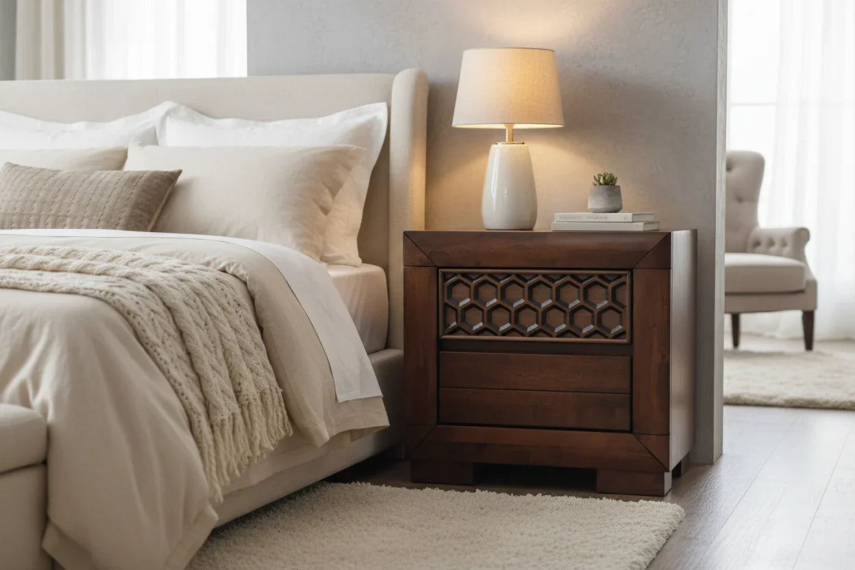A bedroom with a wooden nightstand, a bed, a lamp and a bedside table with two drawers.