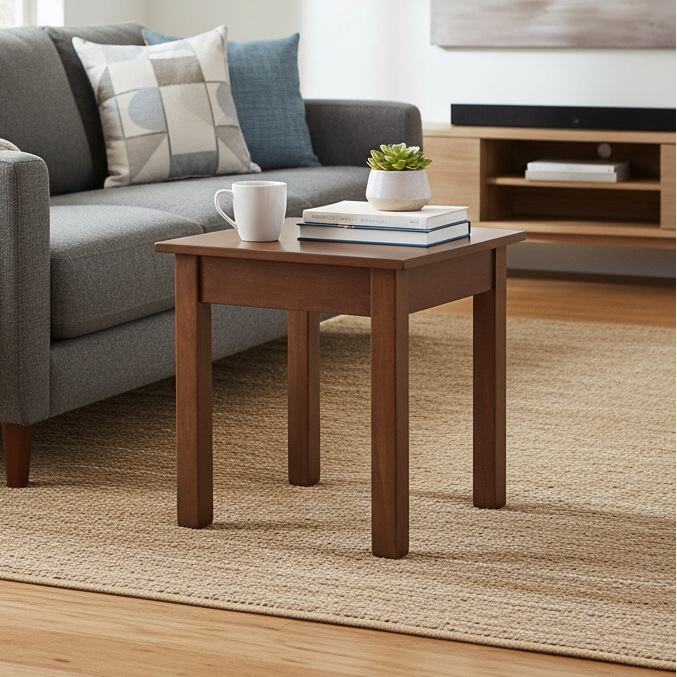 Wooden side table with a cup, books, and plant in a living room setting.