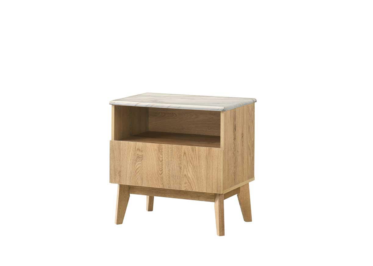 Modern oak bedside table with marble top, open shelf and single drawer, wooden legs