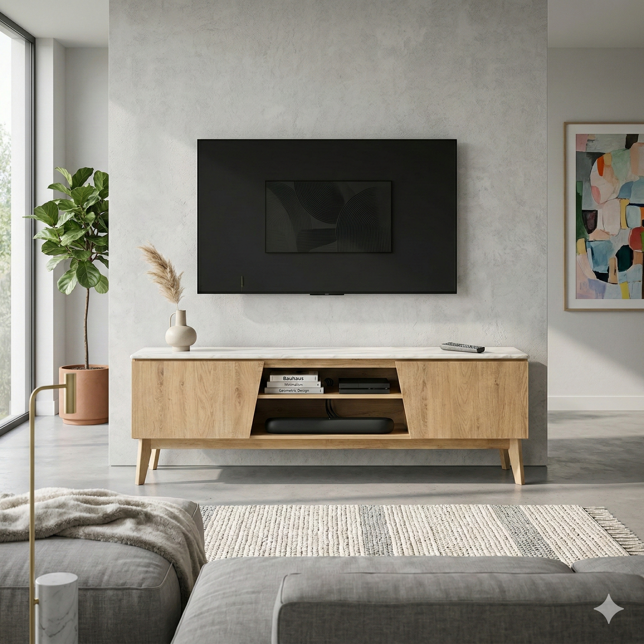 Modern living room with wooden TV stand, television, and decor elements.