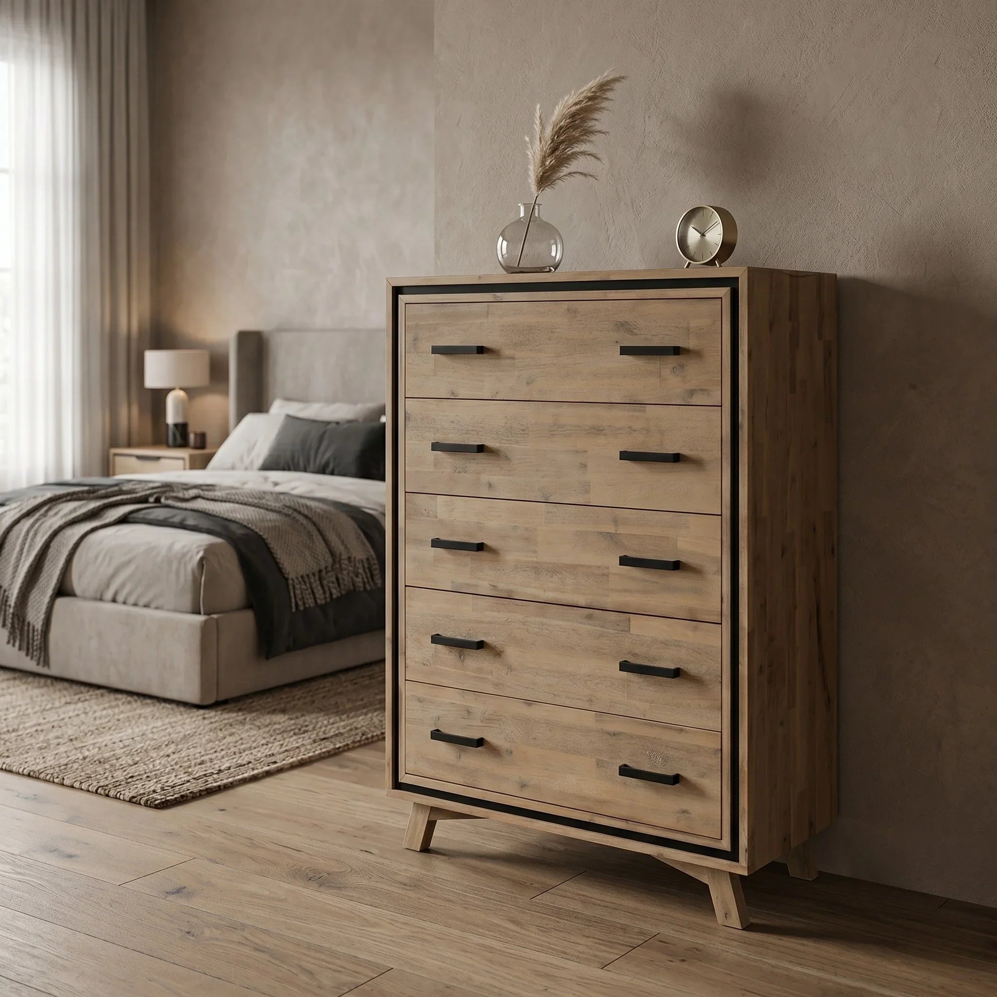 Wooden tallboy in a bedroom with a bed and lamp in the background