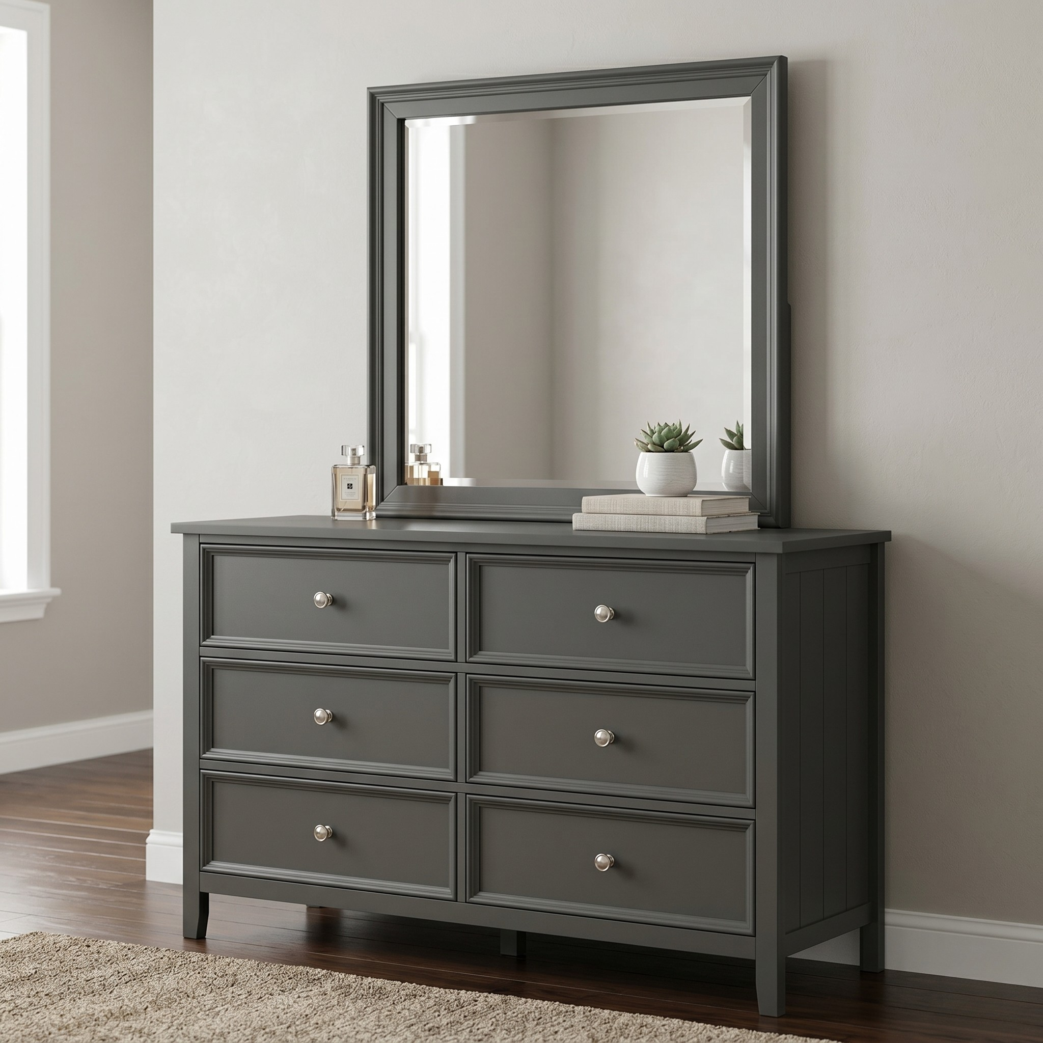 Gray dresser with mirror in a room setting