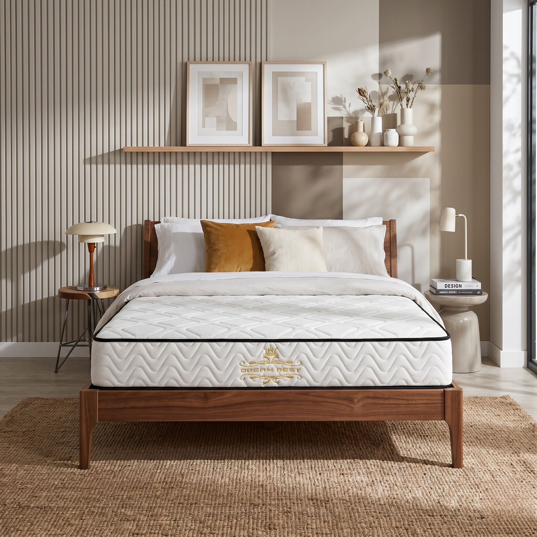 Bedroom with a wooden bed, white mattress, and decorative elements.