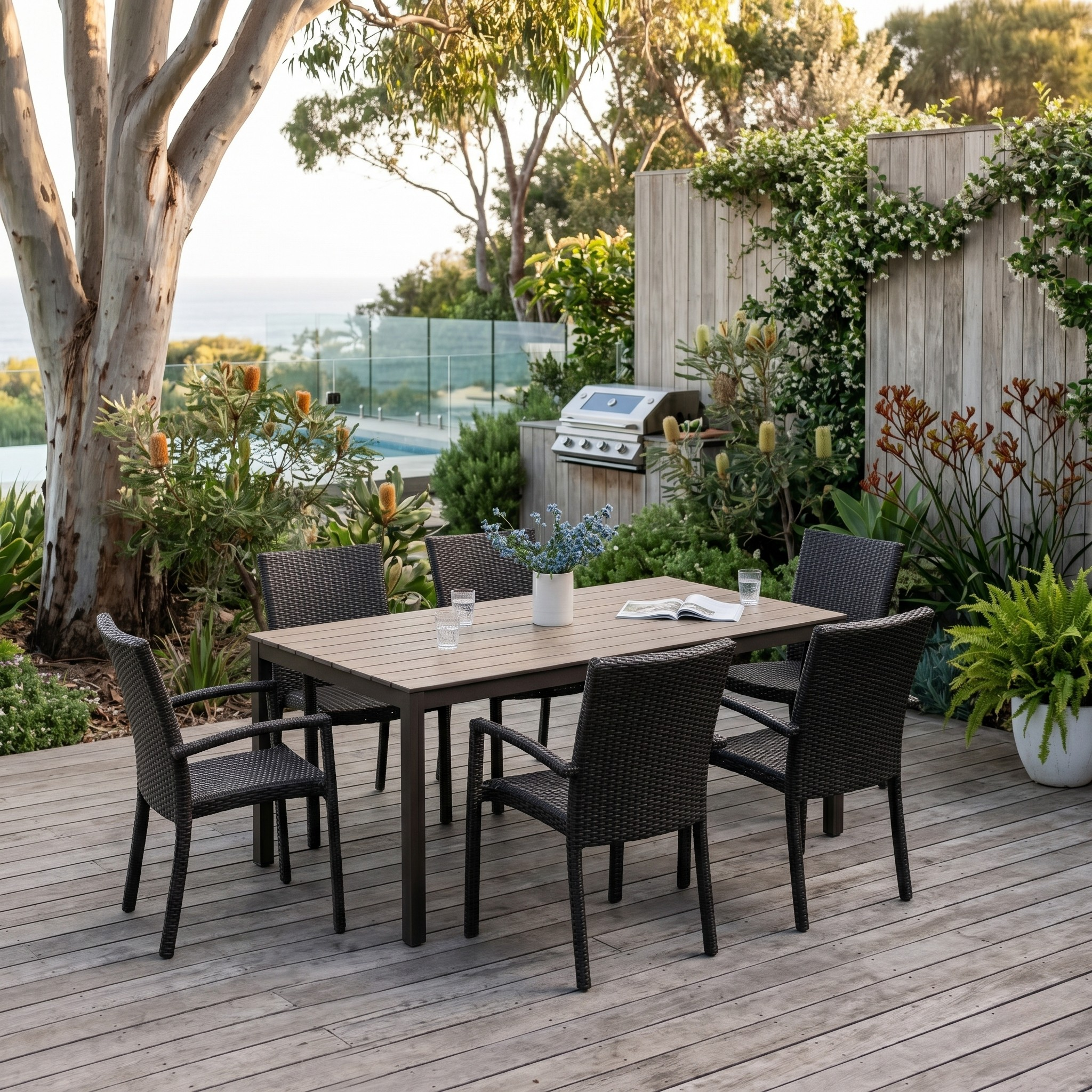 Outdoor dining set on a wooden deck with garden and pool view