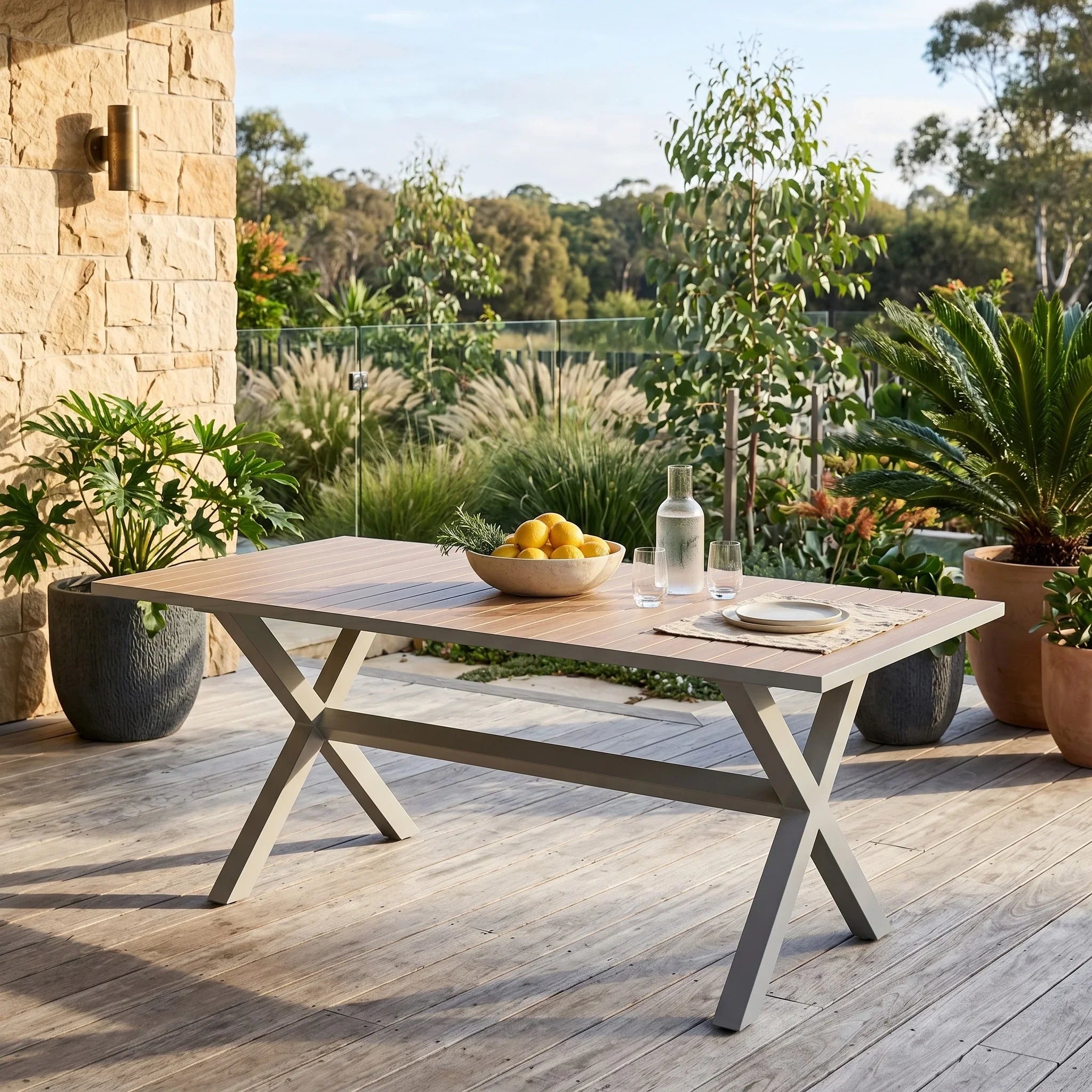 Outdoor wooden table with fruit and glasses on a wooden deck with plants and stone wall in the background