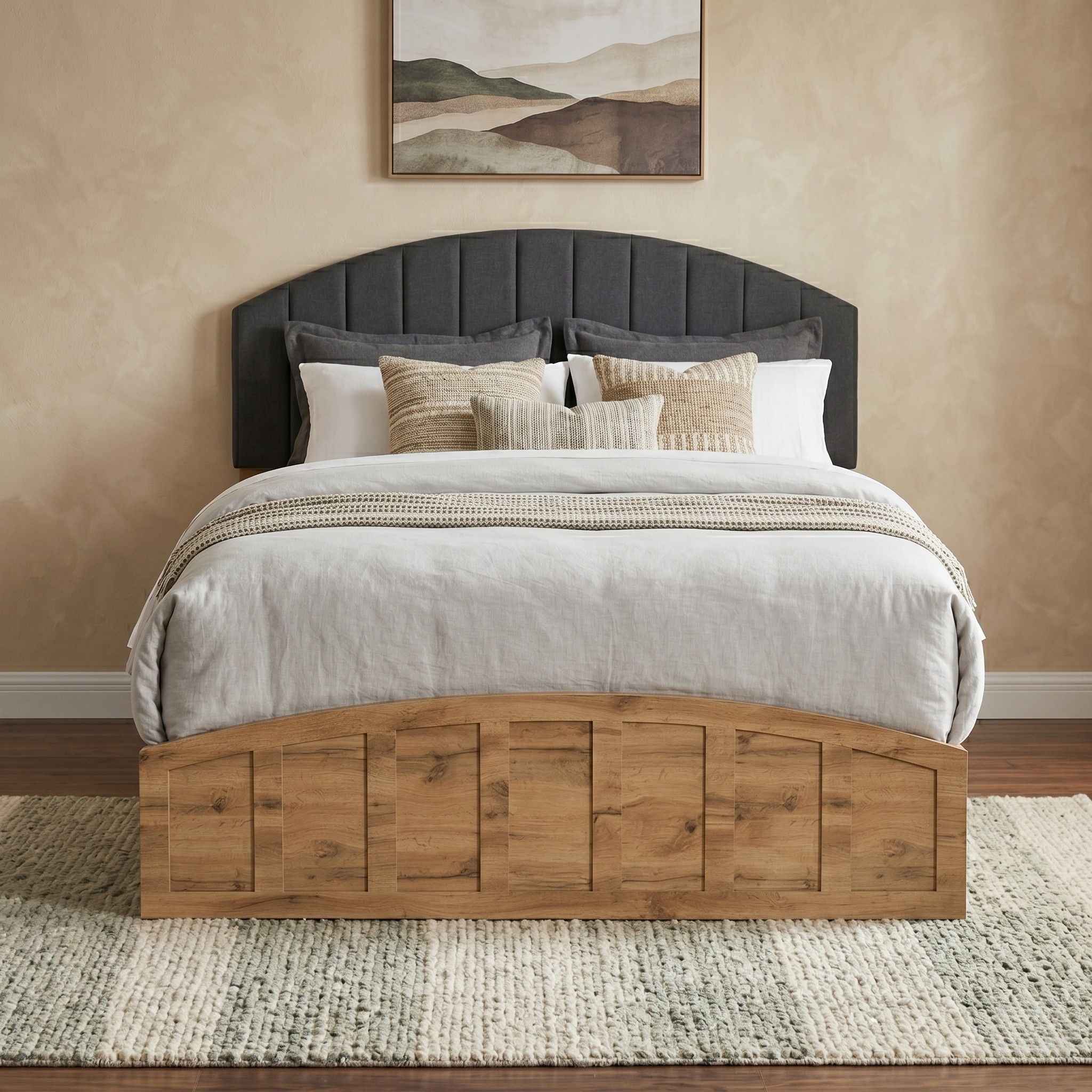 Bedroom with a wooden bed frame, upholstered headboard, and decorative pillows.