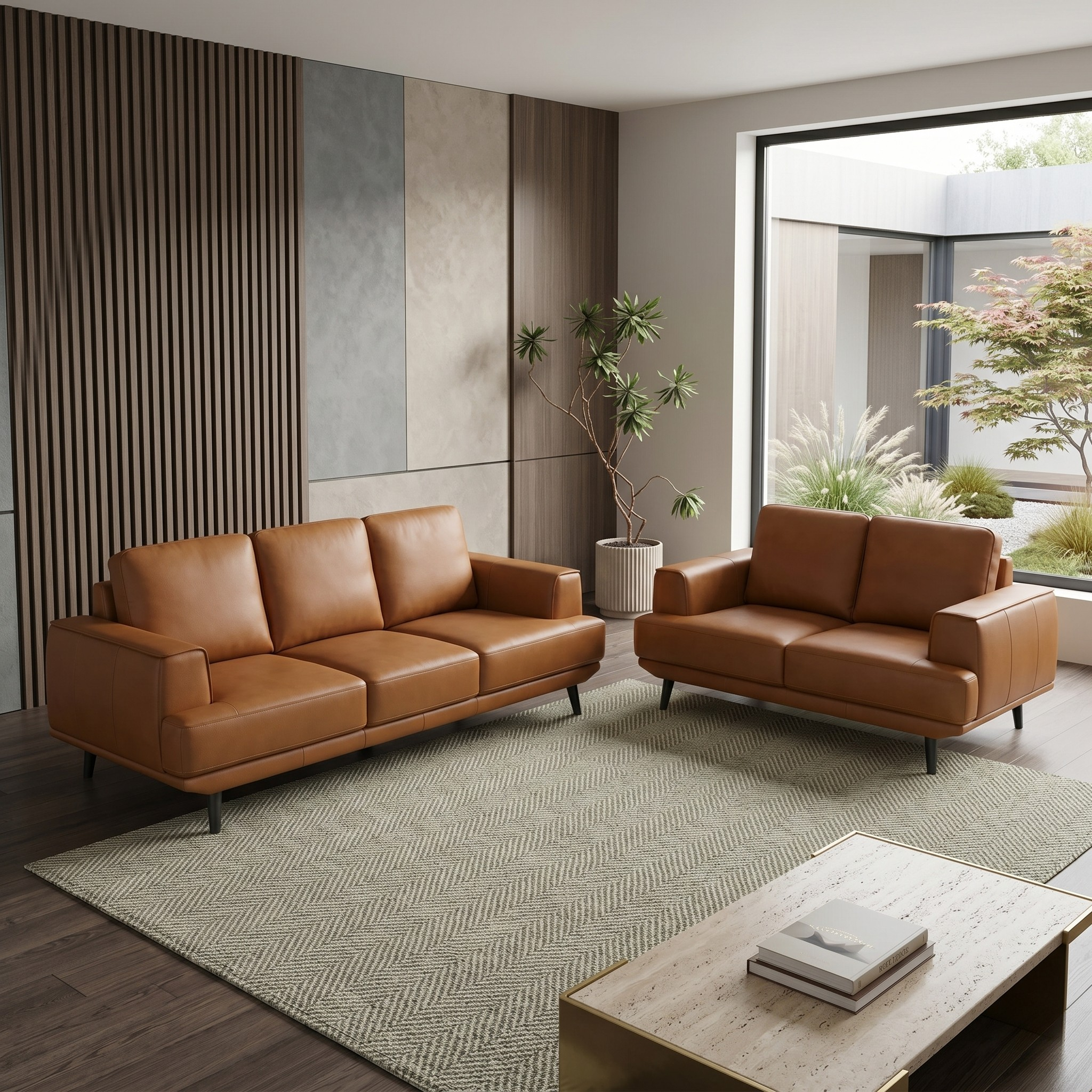 Modern living room with orange leather sofas and a coffee table.